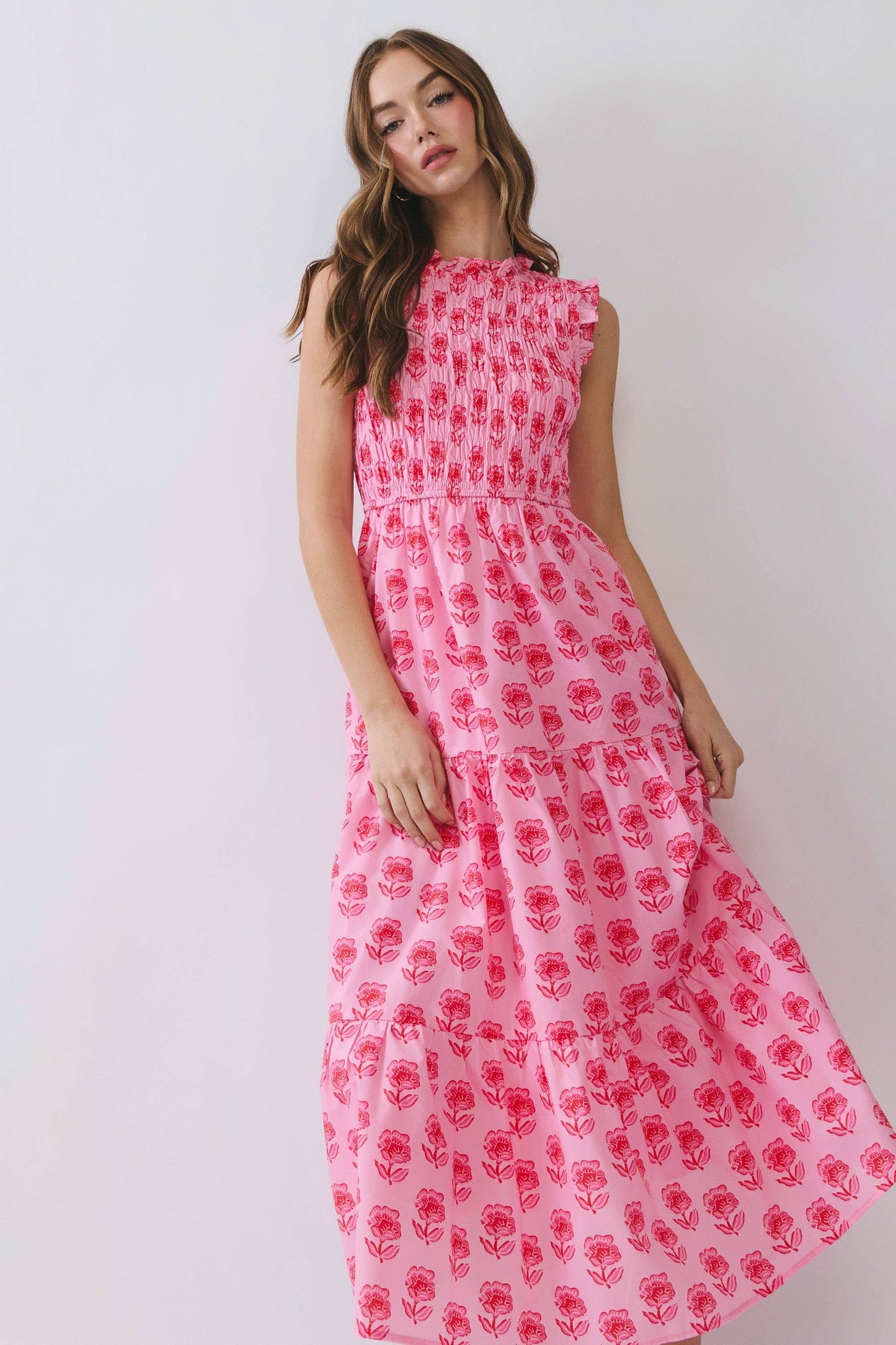 CD07108-Floral Print Smocked Bodice Tiered Midi Dress: Pink / L