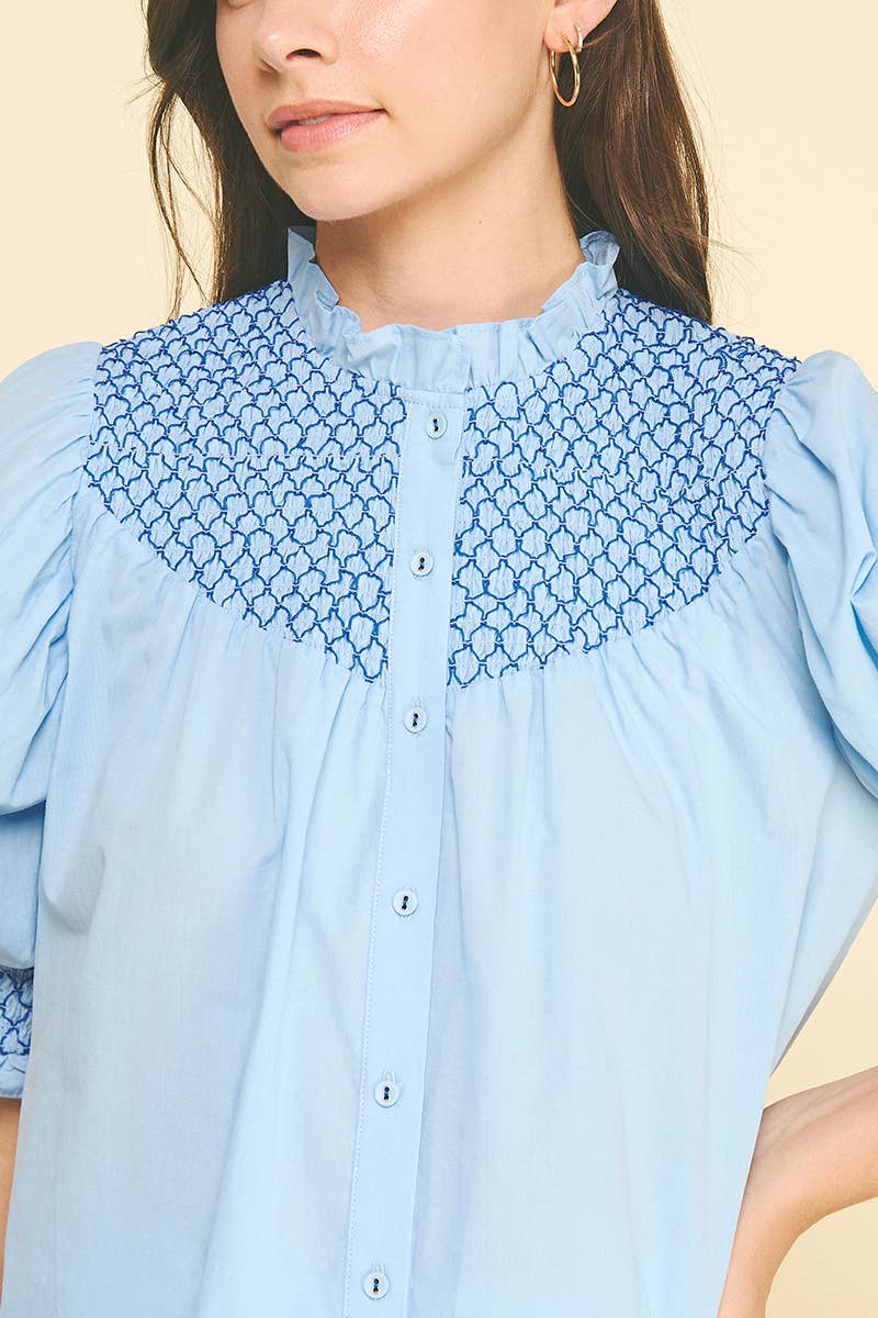 EMBROIDERED BUTTON DOWN BLOUSE TOP - 4951TB: Pink / M
