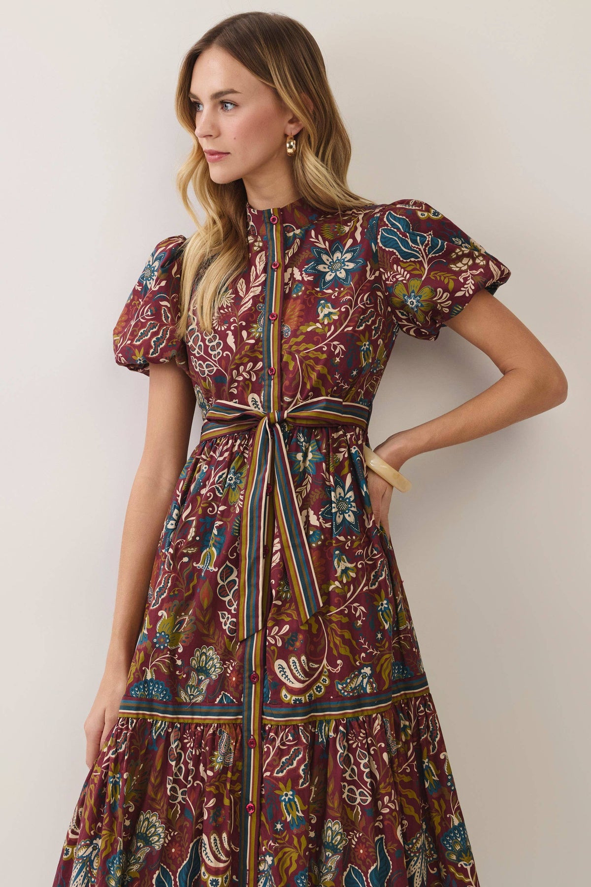 CD07579-Paisley Floral Print Belted Midi Dress: Burgundy / S