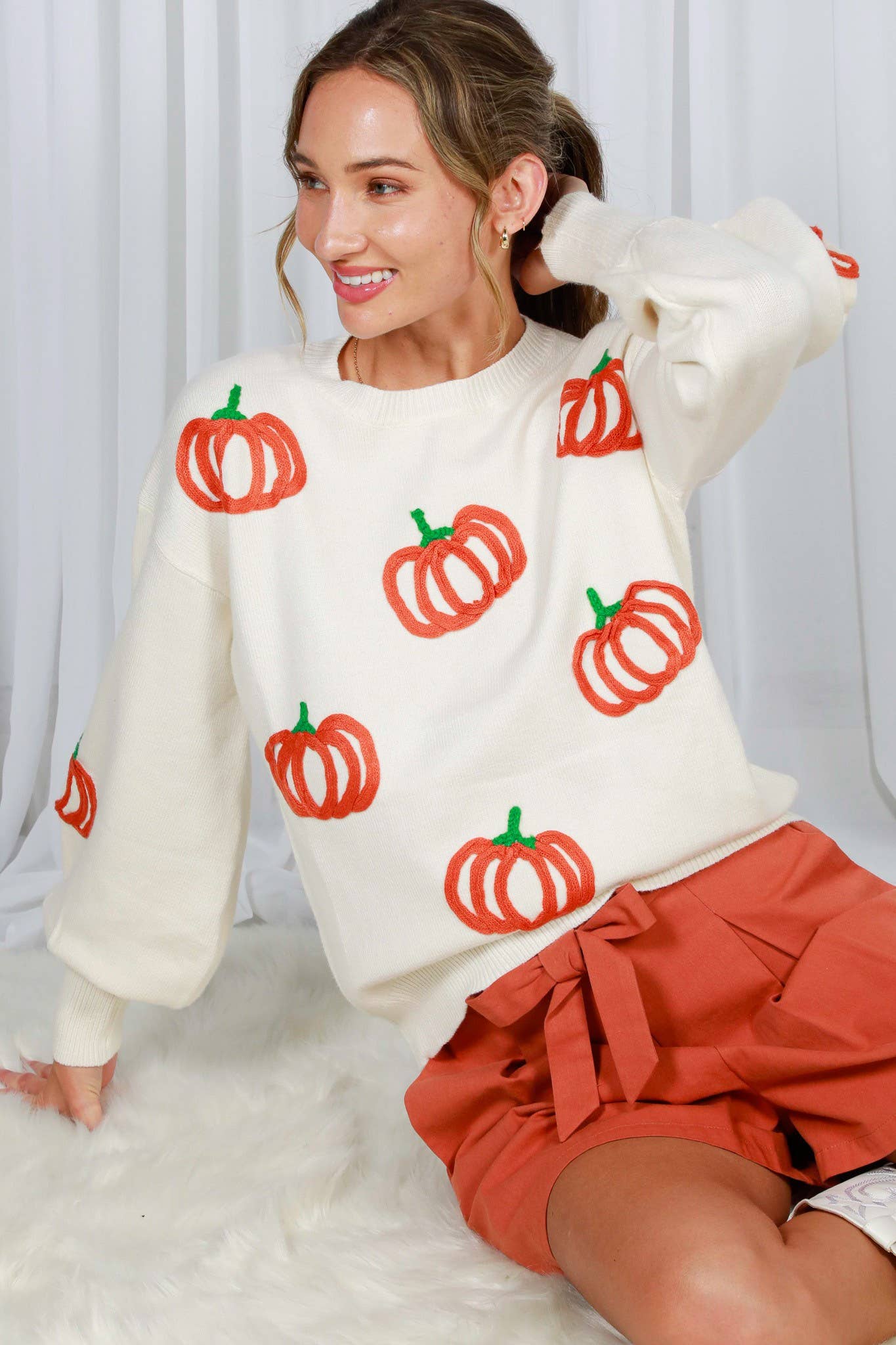 Pumpkin Embroidered Crew Neck Knitted Sweater Top VT82559: Cream / S