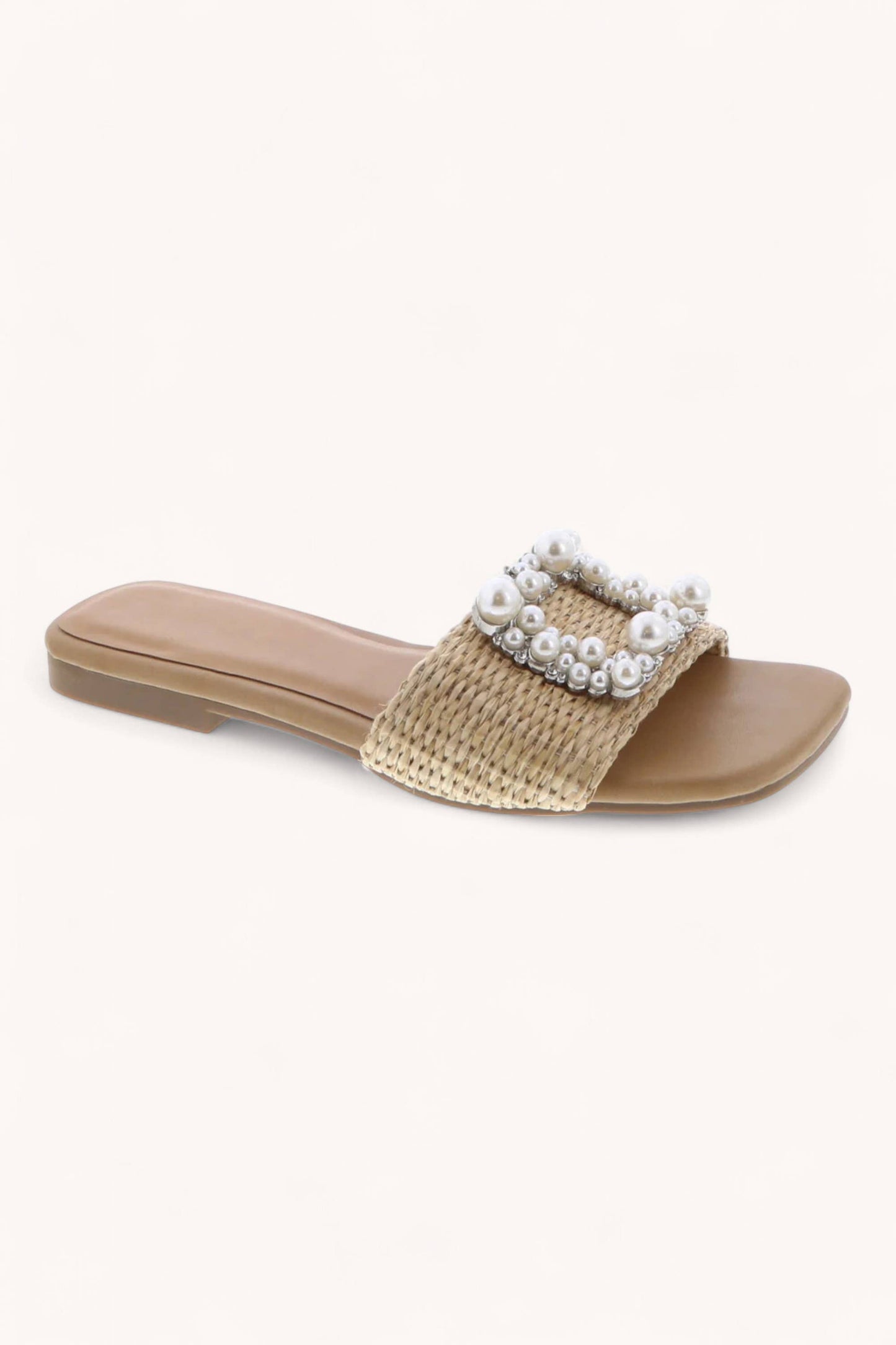 PRIME-78 PEARL JEWEL SQUARE FRAME SLIP-ON SANDALS: BEIGE RAFFIA / B18