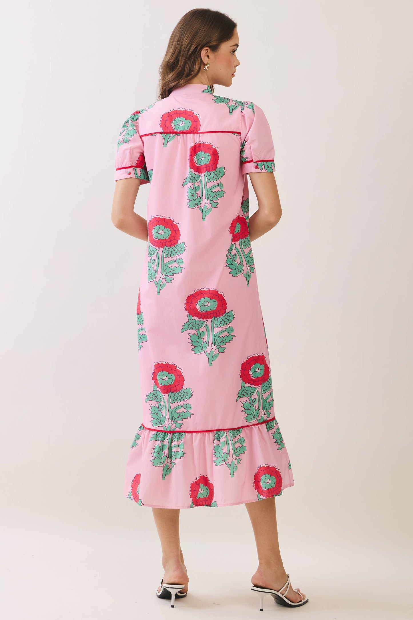 CD06976-Floral Print Mandarin Collar Midi Dress: Pink / L