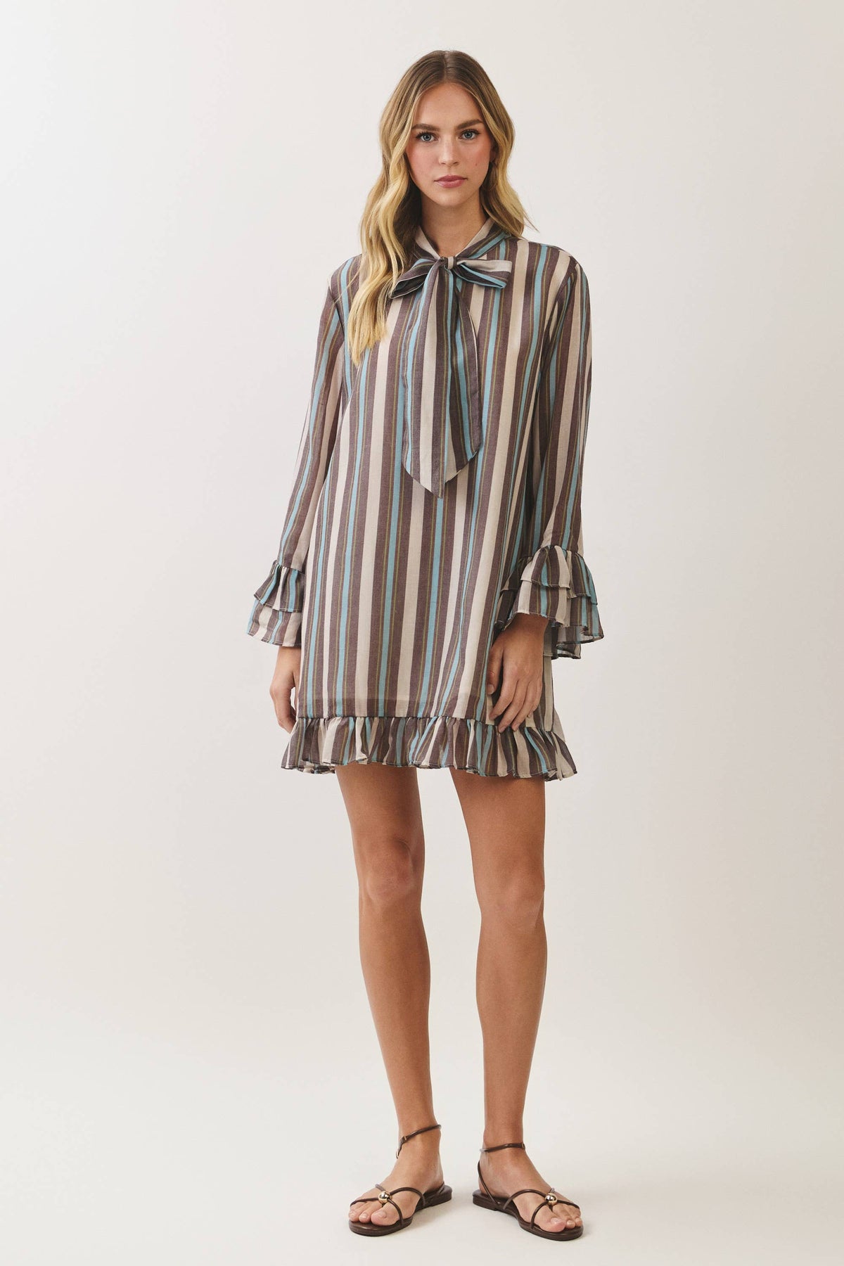 CD07559-Striped Bow Tie Ruffle Mini Dress: CHOCOLATE / S