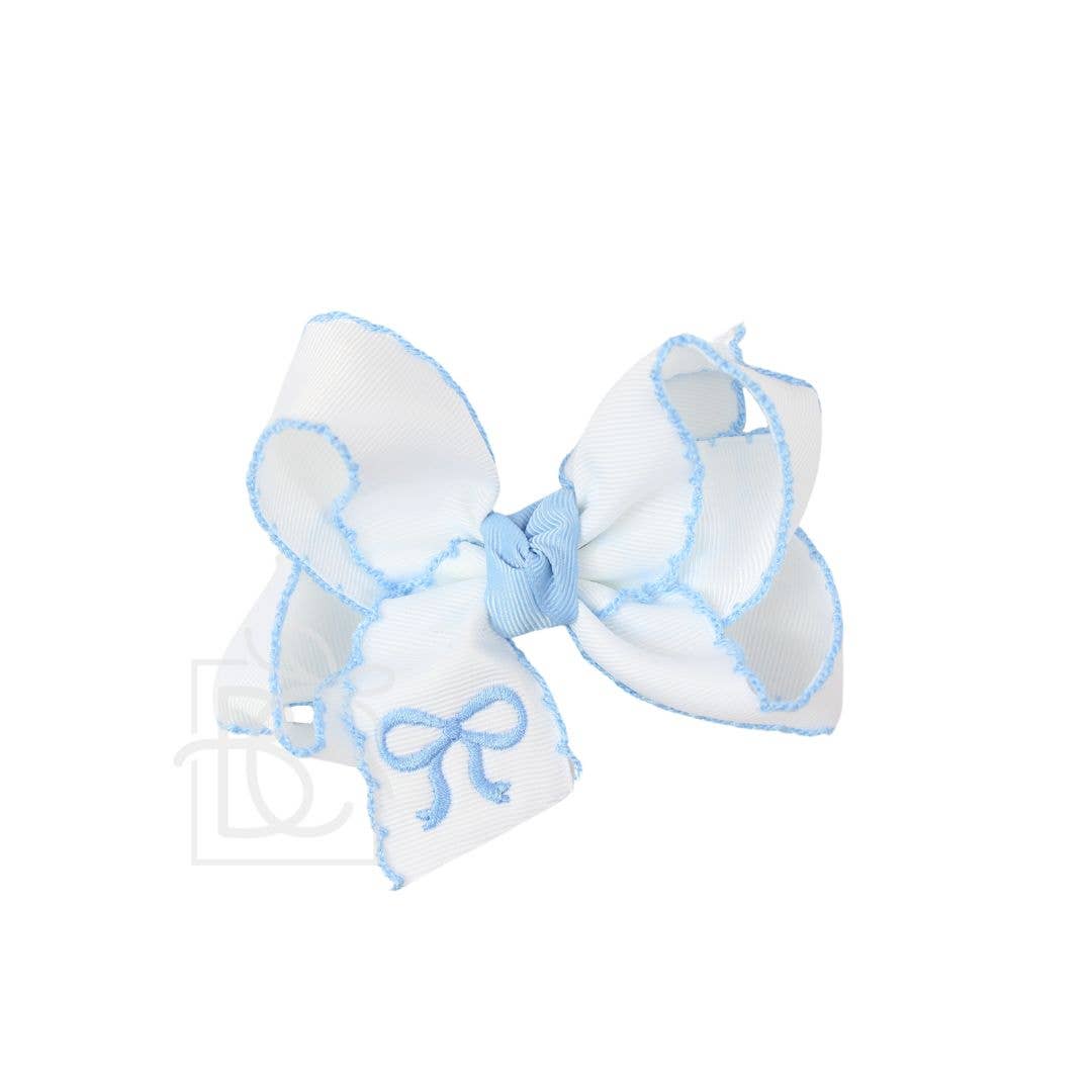 EMBROIDERED BOW CROCHET EDGE HAIR BOW ON ALLIGATOR CLIP : White/Light Pink / 4.5" Large