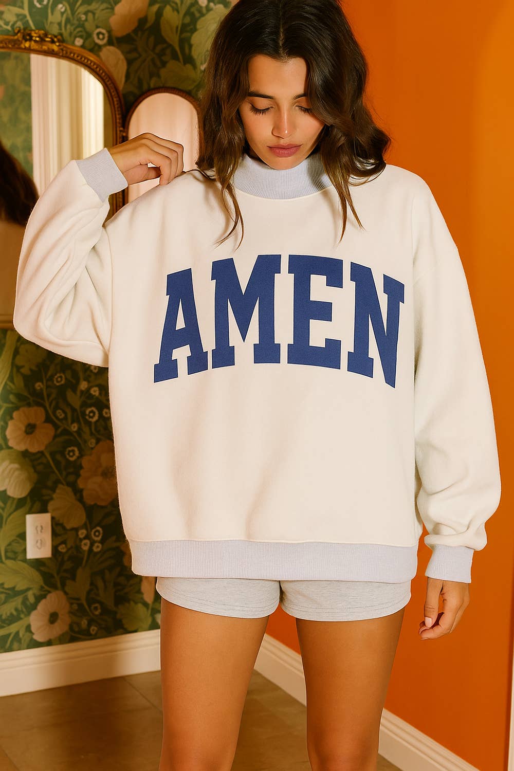 IT2594-WWJD 'WWJD & AMEN' Reversible Mock Neck Sweatshirt: ASH GREY/VINTAGE BLUE / S/M-L/XL (3-3)