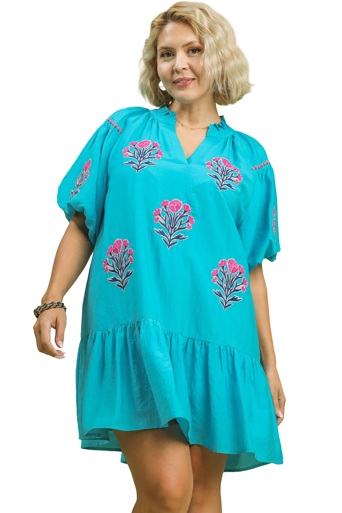 Plus Boho Floral Embroidered Mini Dress: KELLY GREEN / 1-1-1(XL-1XL-2XL)