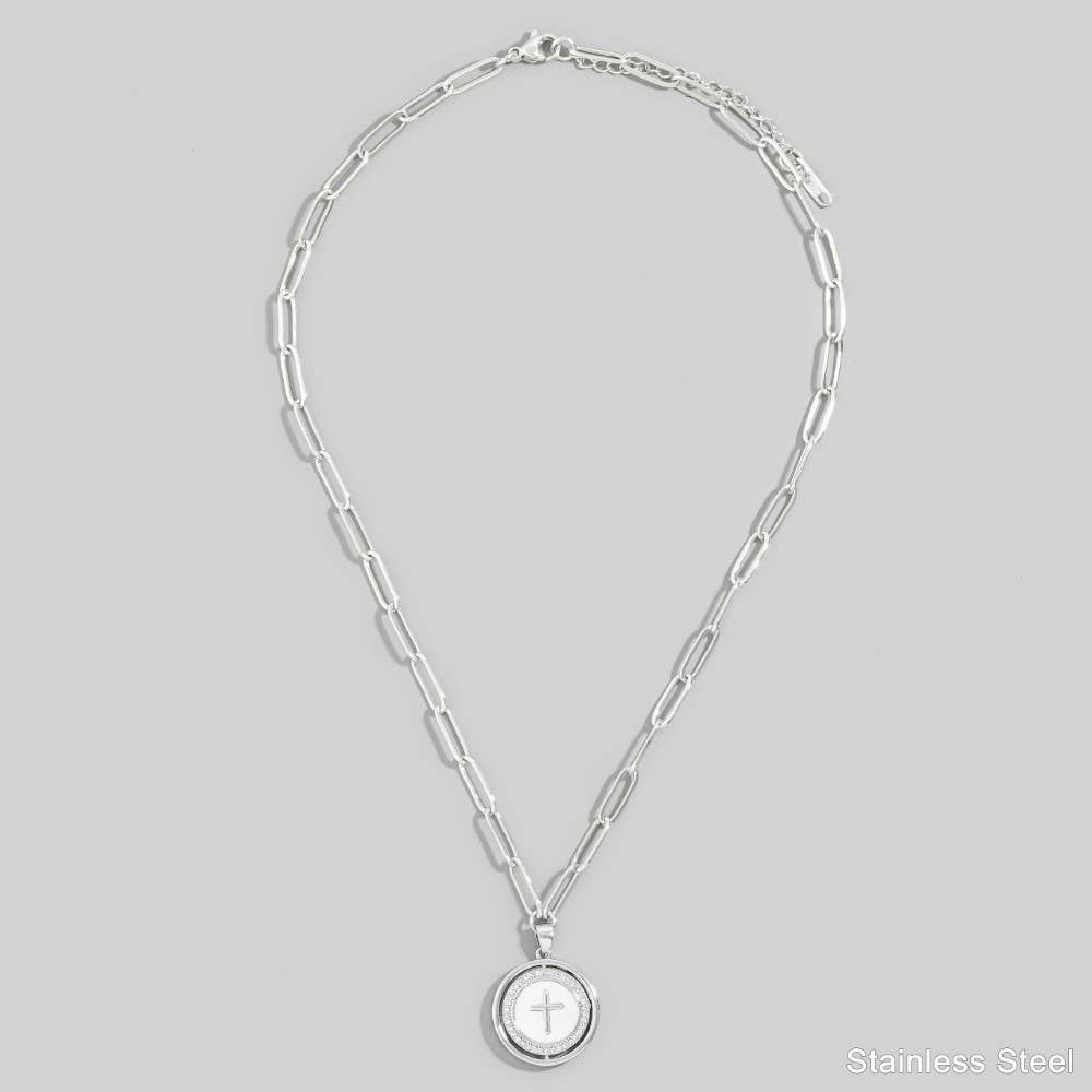 Stainless Steel Cross Disc Pendant Necklace: GMOP