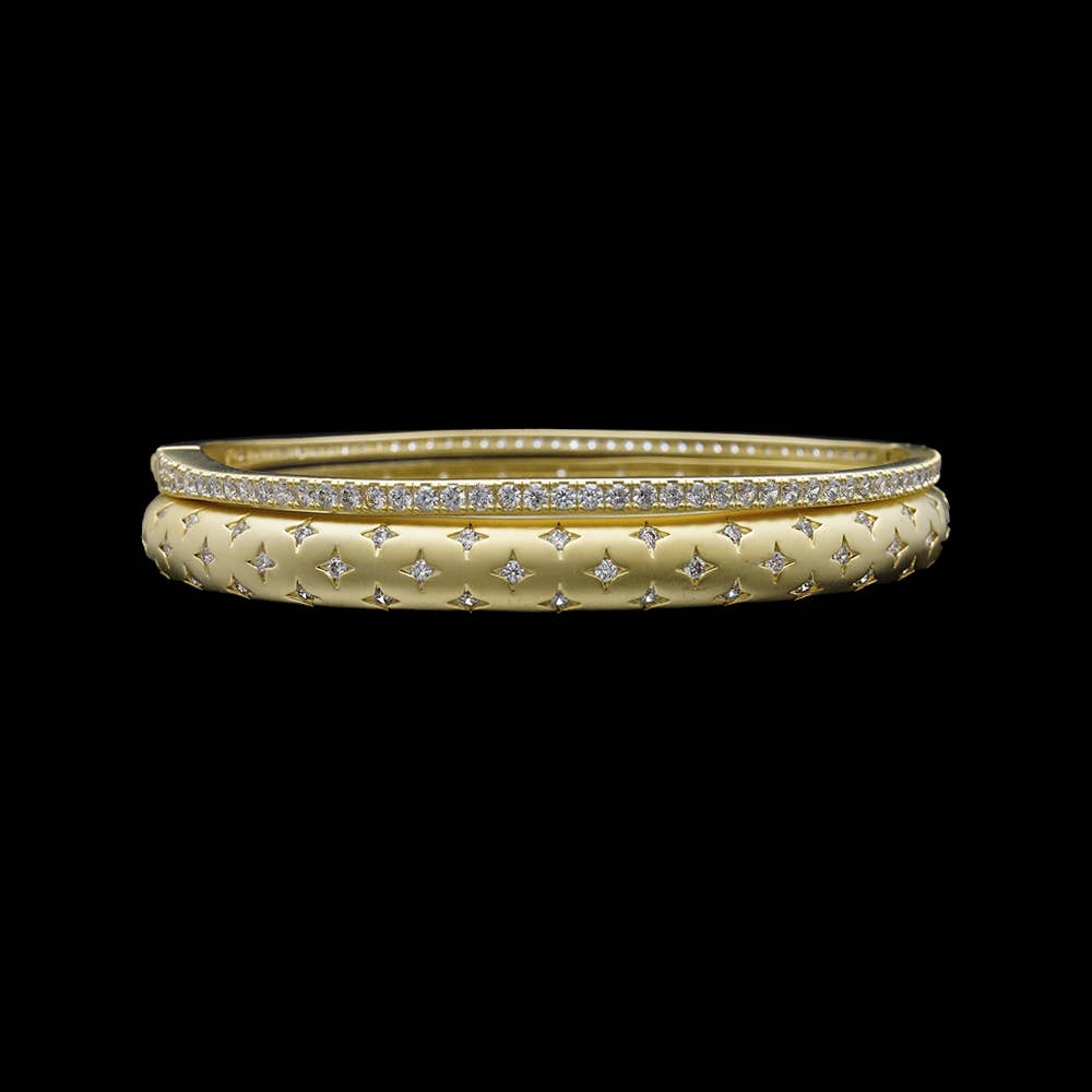 Matte gold 2 piece bangle set with pave cz's and stars