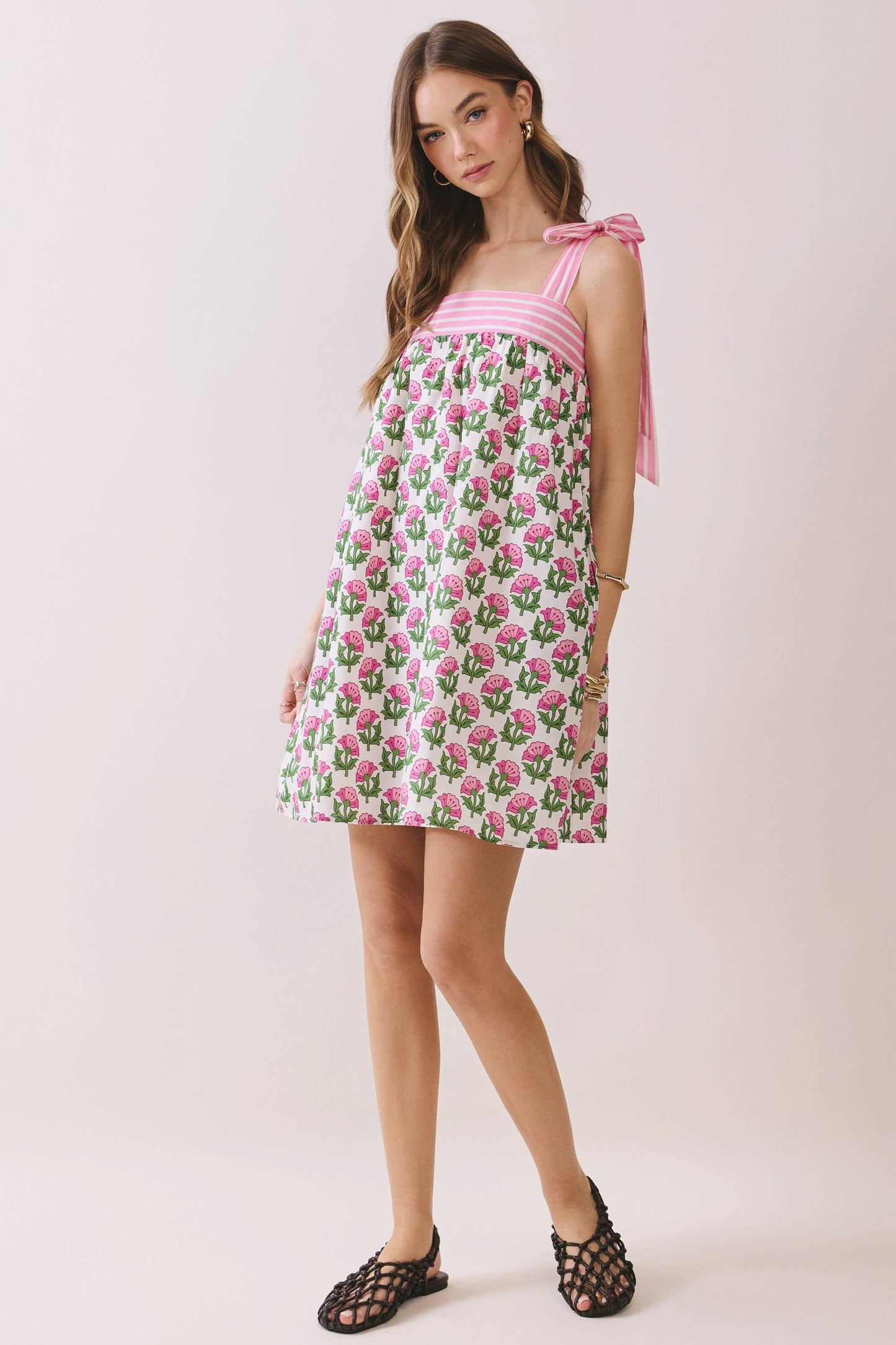 CD06842-Floral Babydoll Mini Dress with Tie Straps: Pink / M