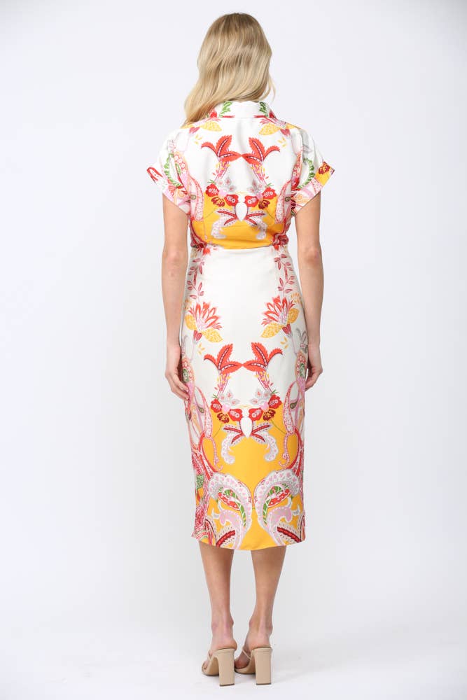 BOTANIC SCARF PRINT SELF TIE WAIST BUTTON DOWN DRESS FD34137: CREAM MULTI / M