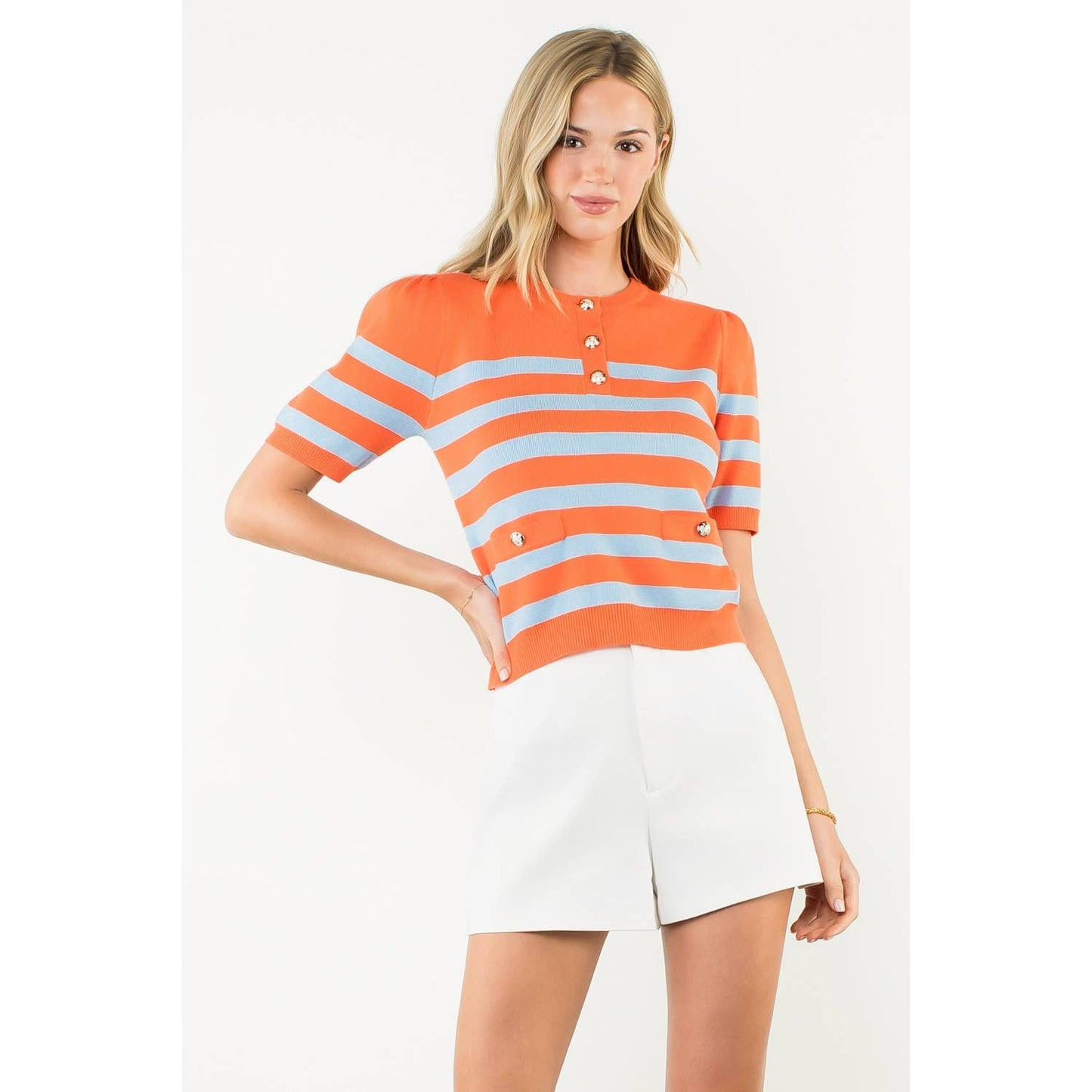 Short Sleeve Striped Knit Top: ORANGE / XS-S-M-L(1-2-2-1)