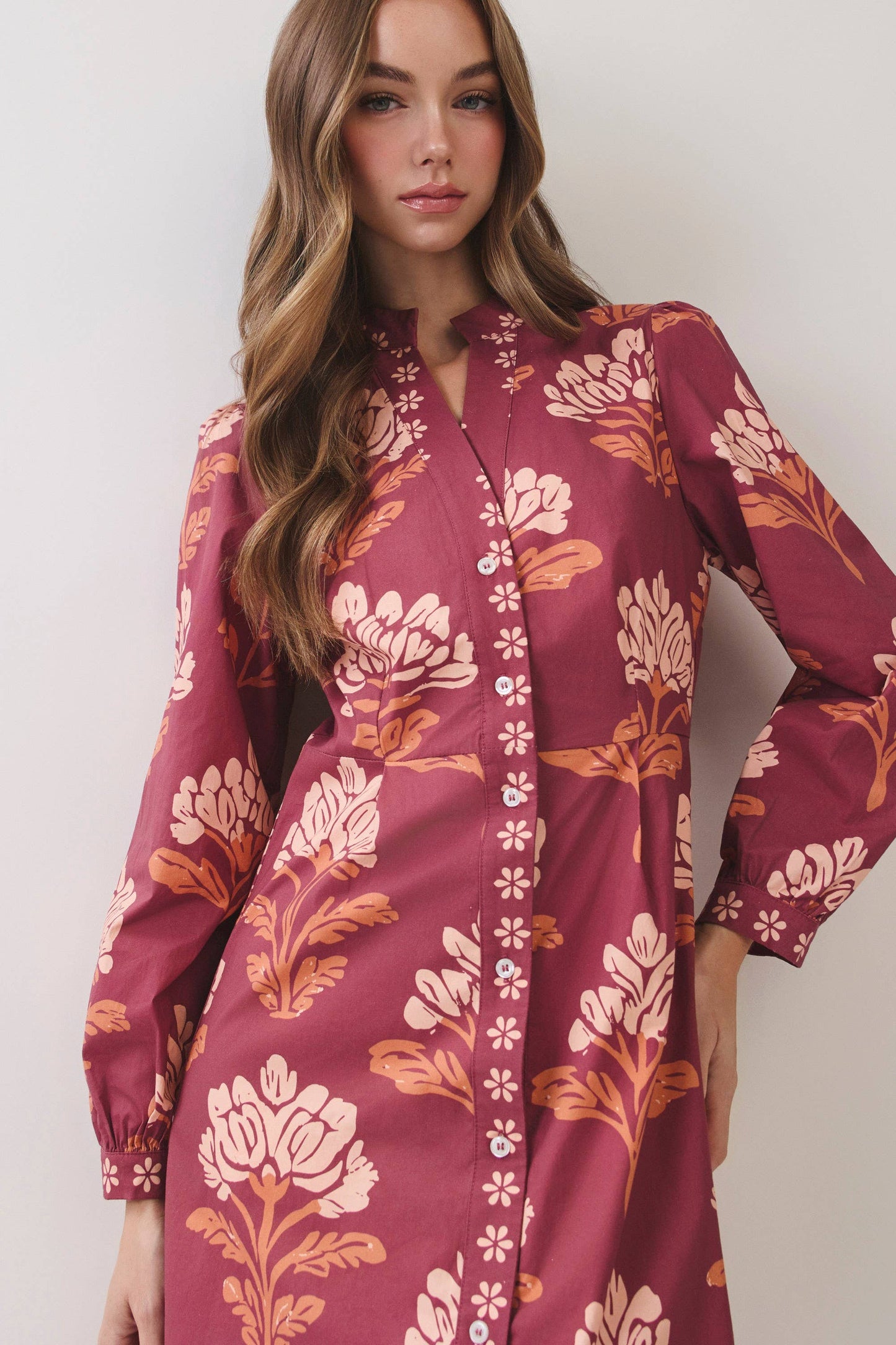 CD07442-Floral Print Shirt Midi Dress: Burgundy / L