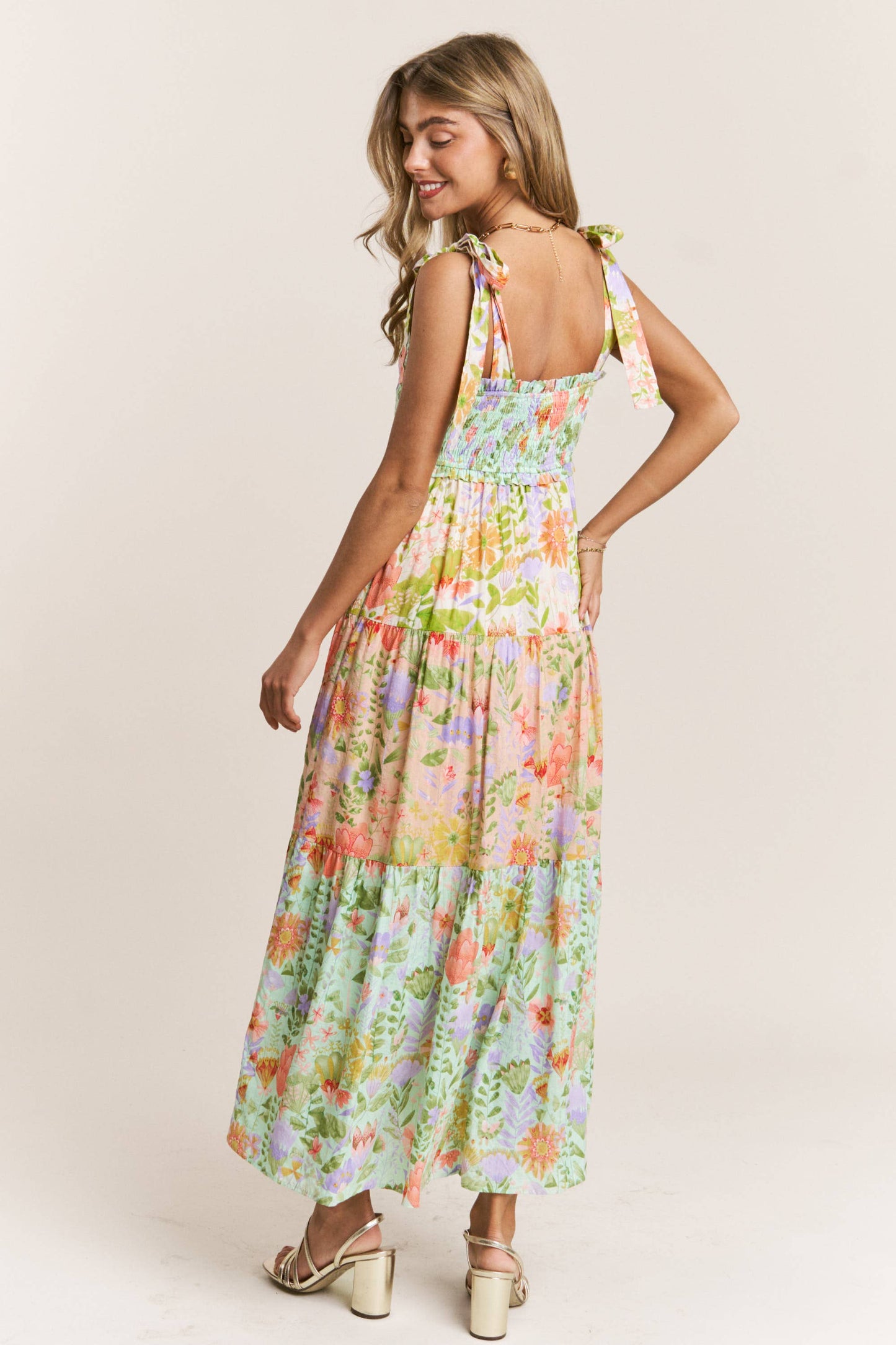 Smocked V-neck Tiered Multi Print Dress: Garden Dream / L