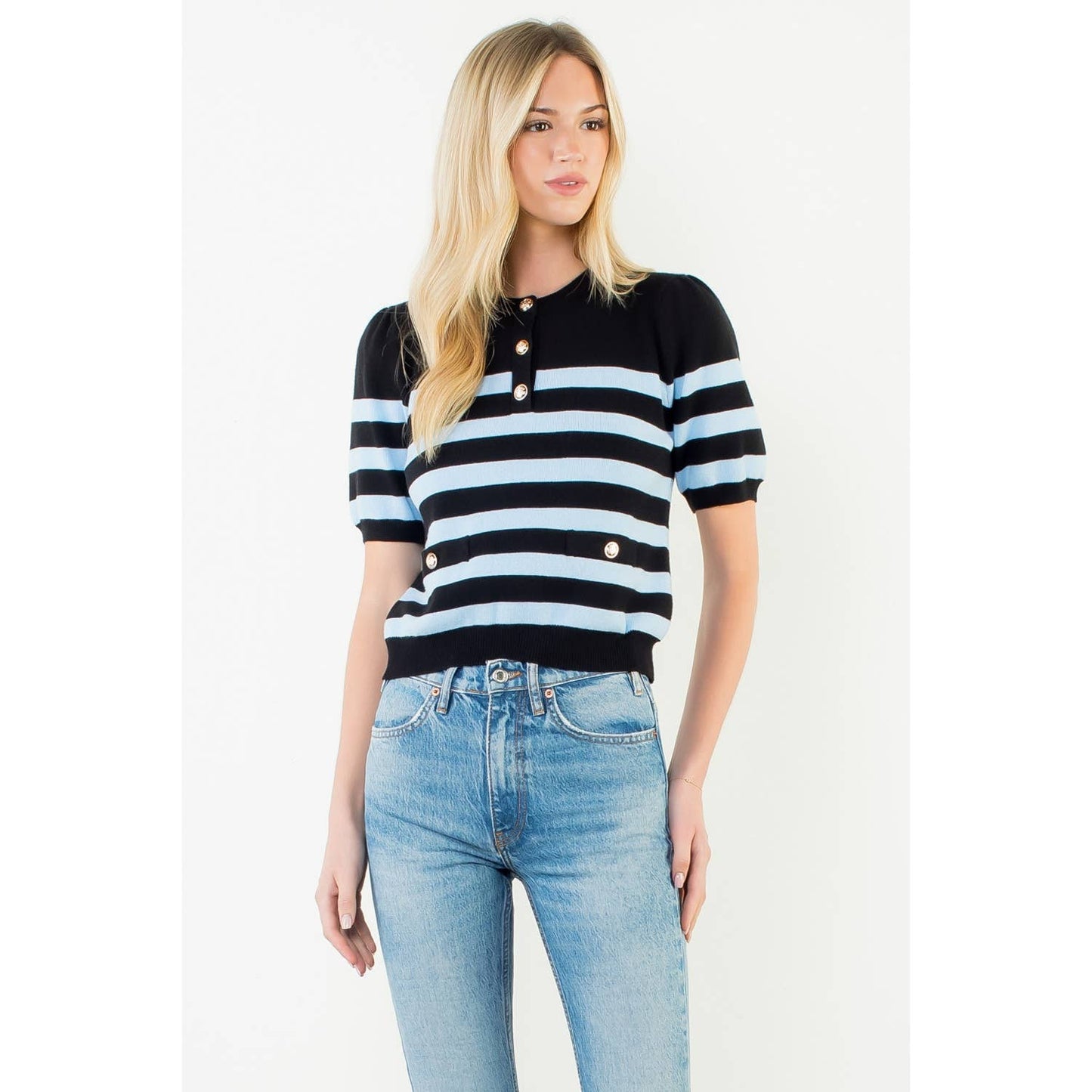 Short Sleeve Striped Knit Top: BLUE / XS-S-M-L(1-2-2-1)