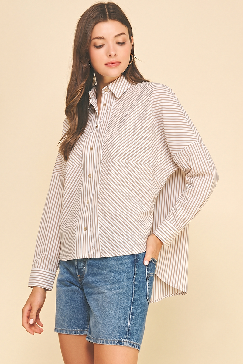 STRIPED BUTTON DOWN SHIRT WITH BLOCKING DETAIL - 6697T: Green / M