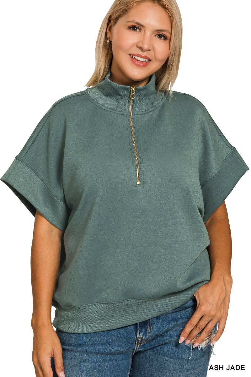 Plus Scuba High Neck Half Zip Short Slv Pullover: CORNFLOWER BLUE / 2-2-1(1X-2X-3X)