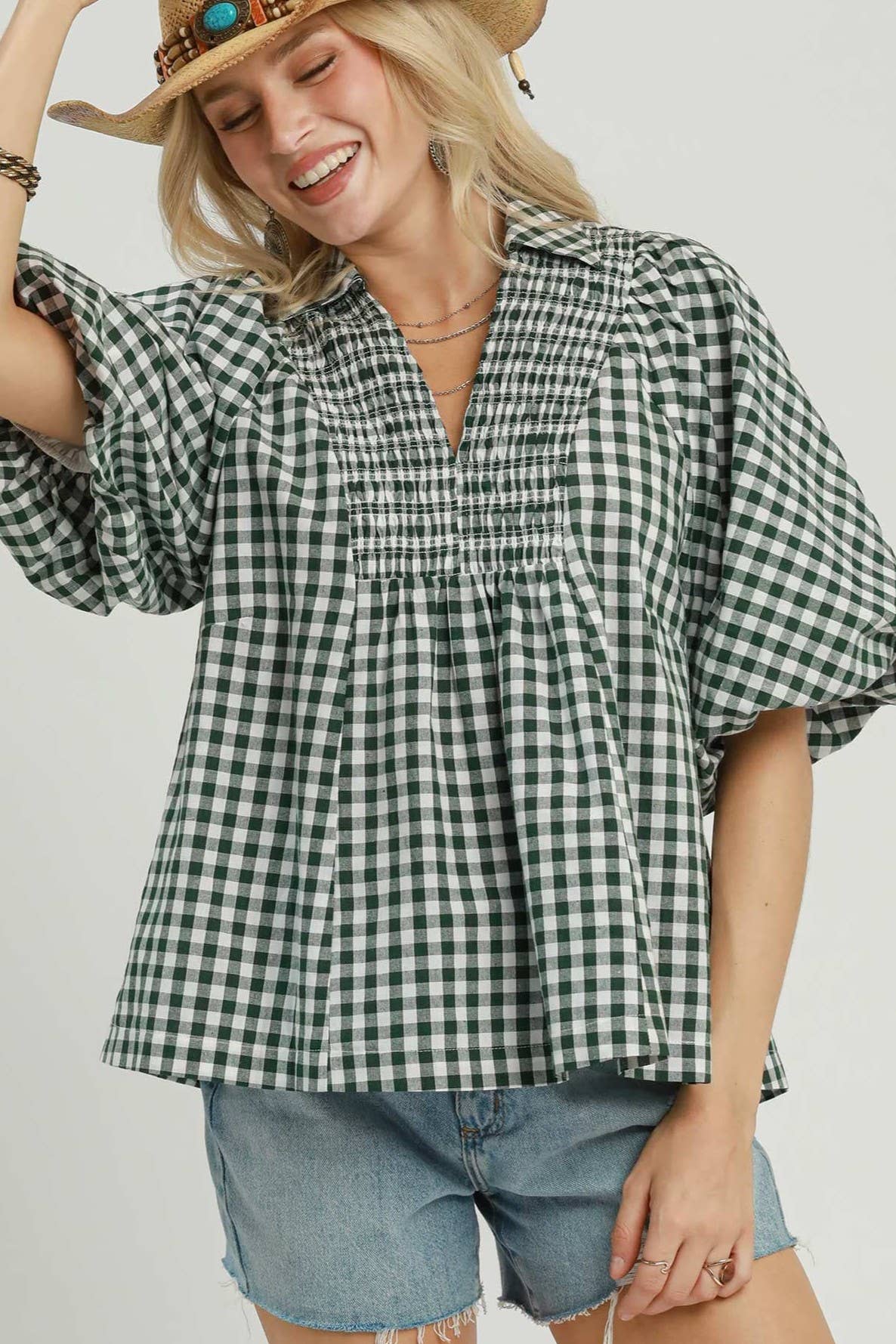 Gingham Smocked Yoke Puff Sleeve Blouse: BLACK / 2-2-2(S-M-L)