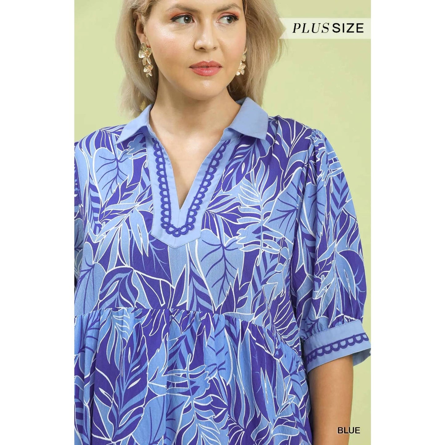 PLUS Leafy Border Print V-Neck Midi Dress : BLUE / XL