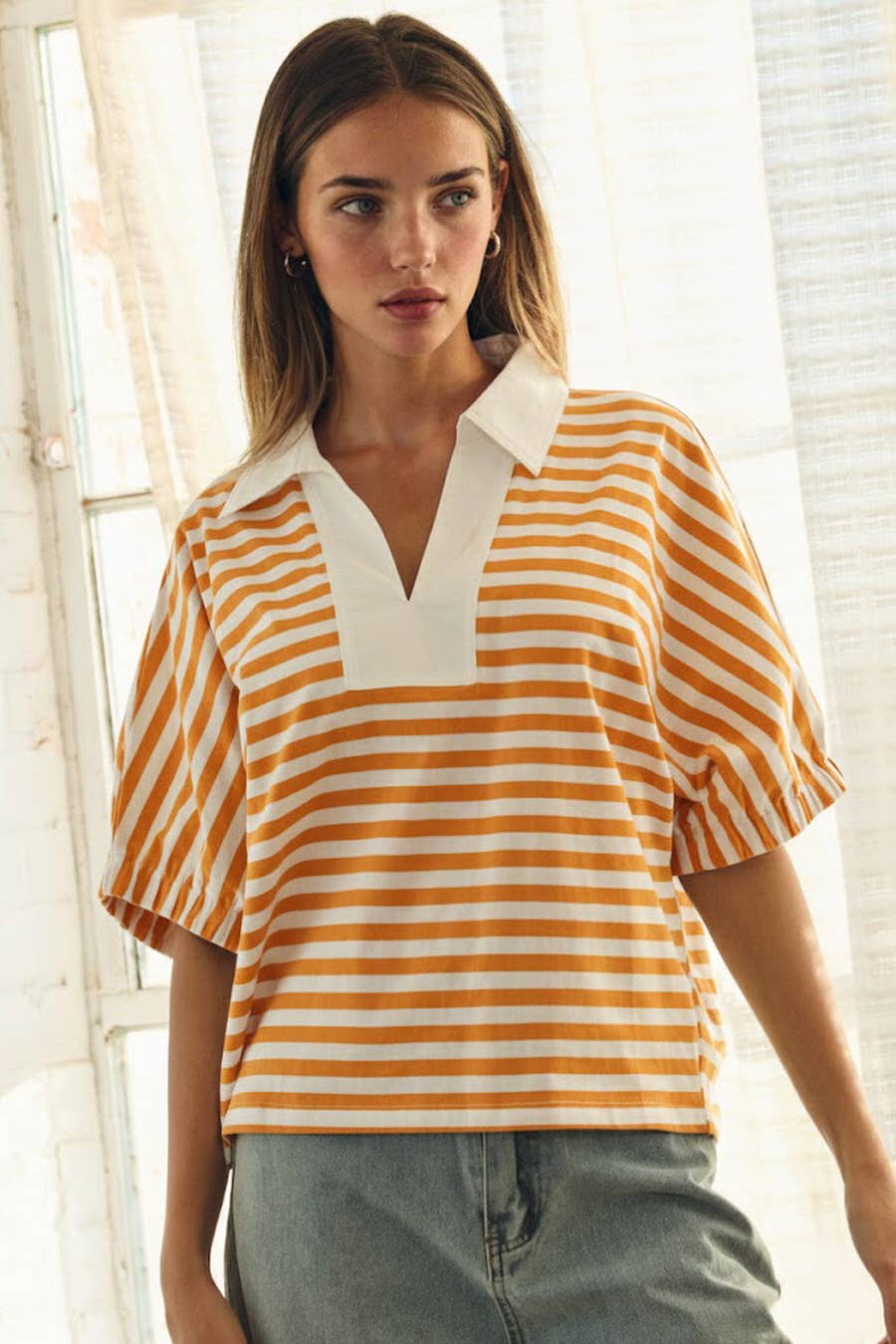 Striped Pullover Top: Green White Combo / L