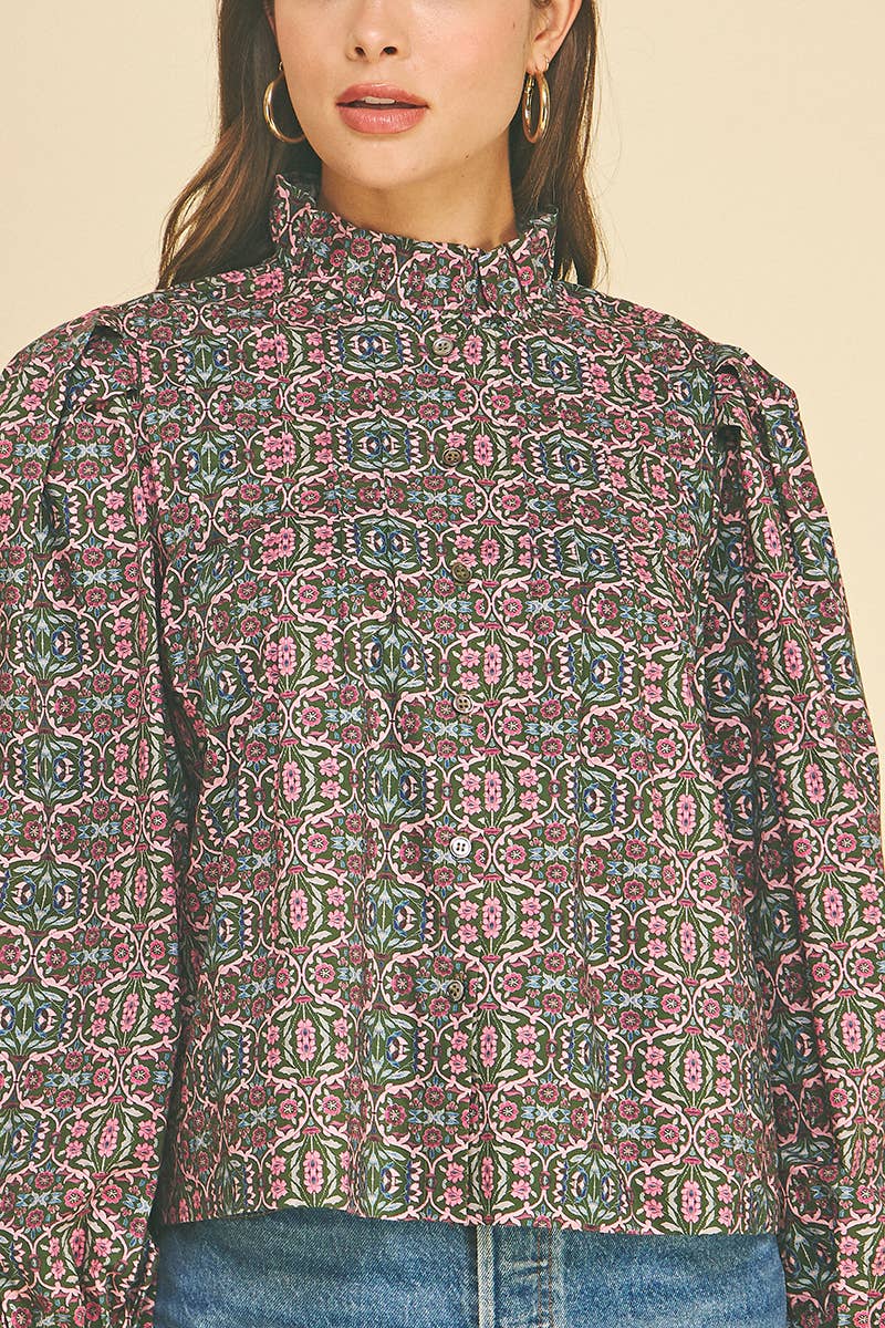 GEOMETRIC FLORAL RUFFLED MOCK NECK BLOUSE - 7594T: NAVY PINK / L
