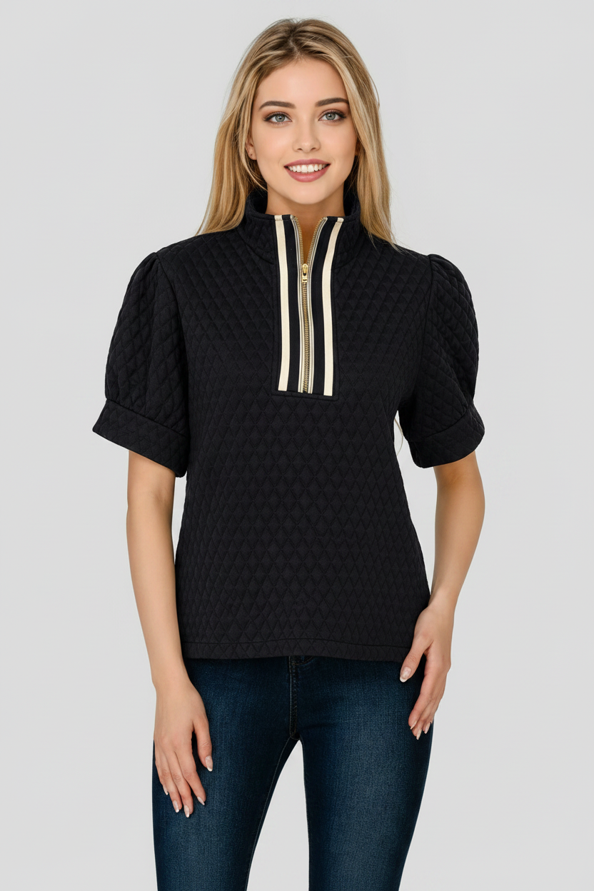 MBT 9929 Mandy Black Short Sleeve QUILTED Zip Top Stipe Trim