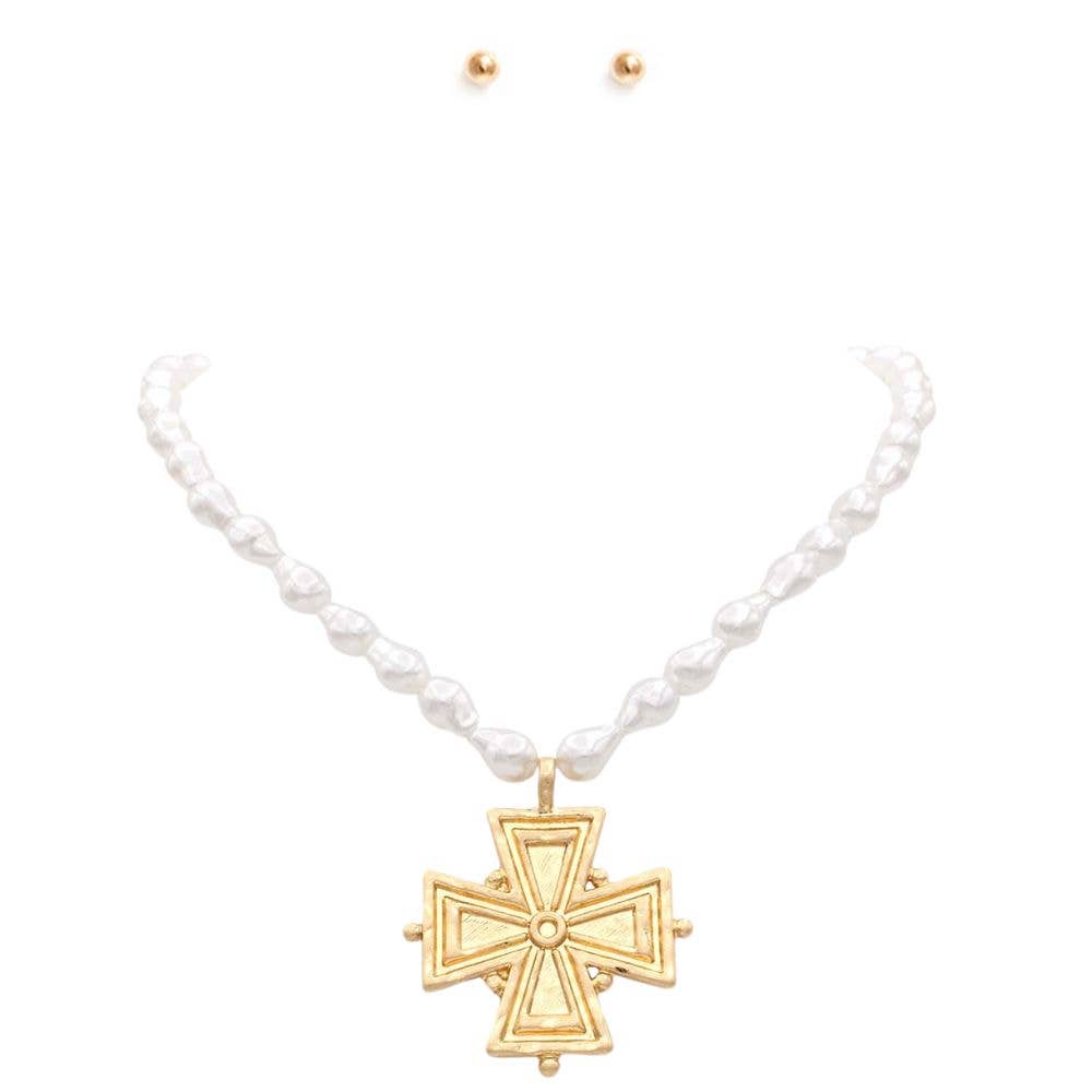 WIDE CROSS PENDANT PEARL BEAD NECKLACE, NK 10022 IR: VG