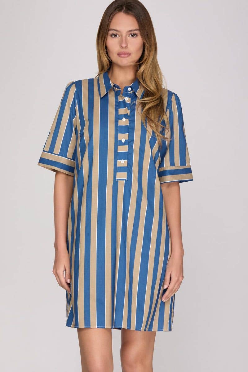 Short Sleeve Striped Mini Dress: SEA GREEN/LT BLUE / 2-2-2(S-M-L)