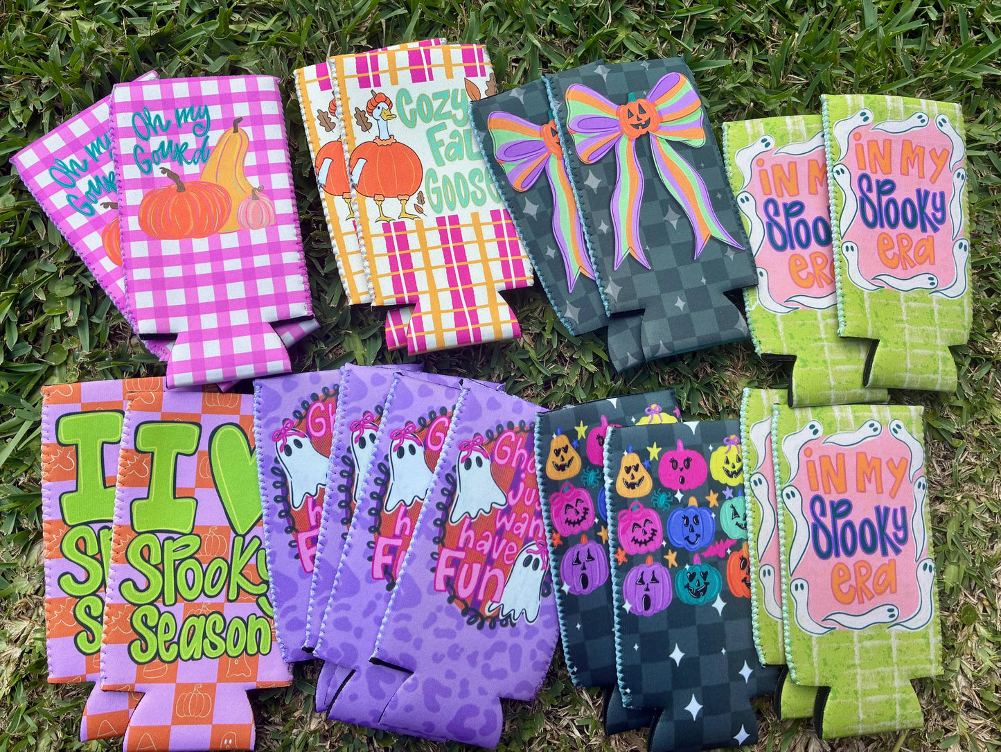 I love spooky season checkered print koozies for Halloween : Slims