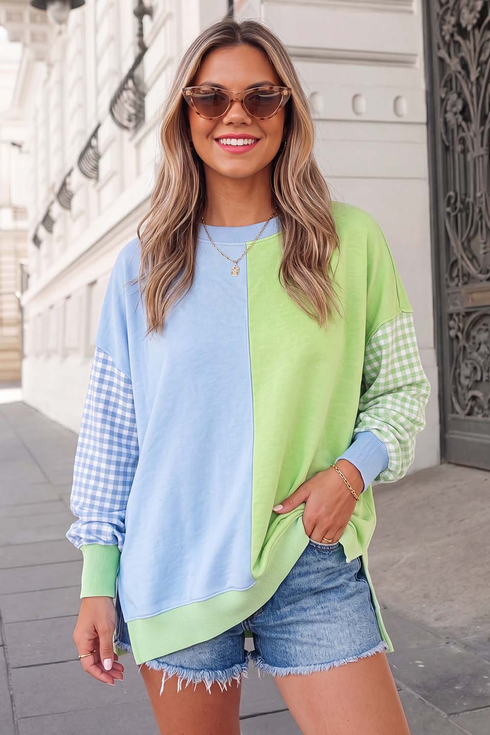 Plaid Print Crewneck Gingham Sleeve Sweatshirt FW26 | S-XL: Rose Red / L