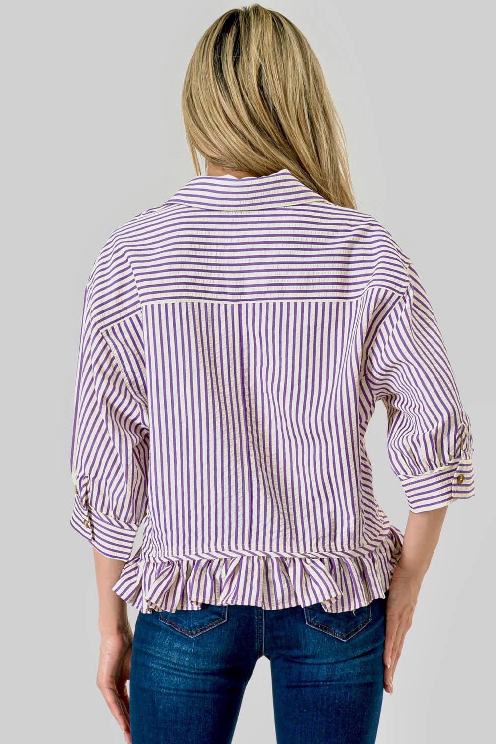 Mbt 9932 Game Day Parker Buttoned Striped Ruffle Top Purple
