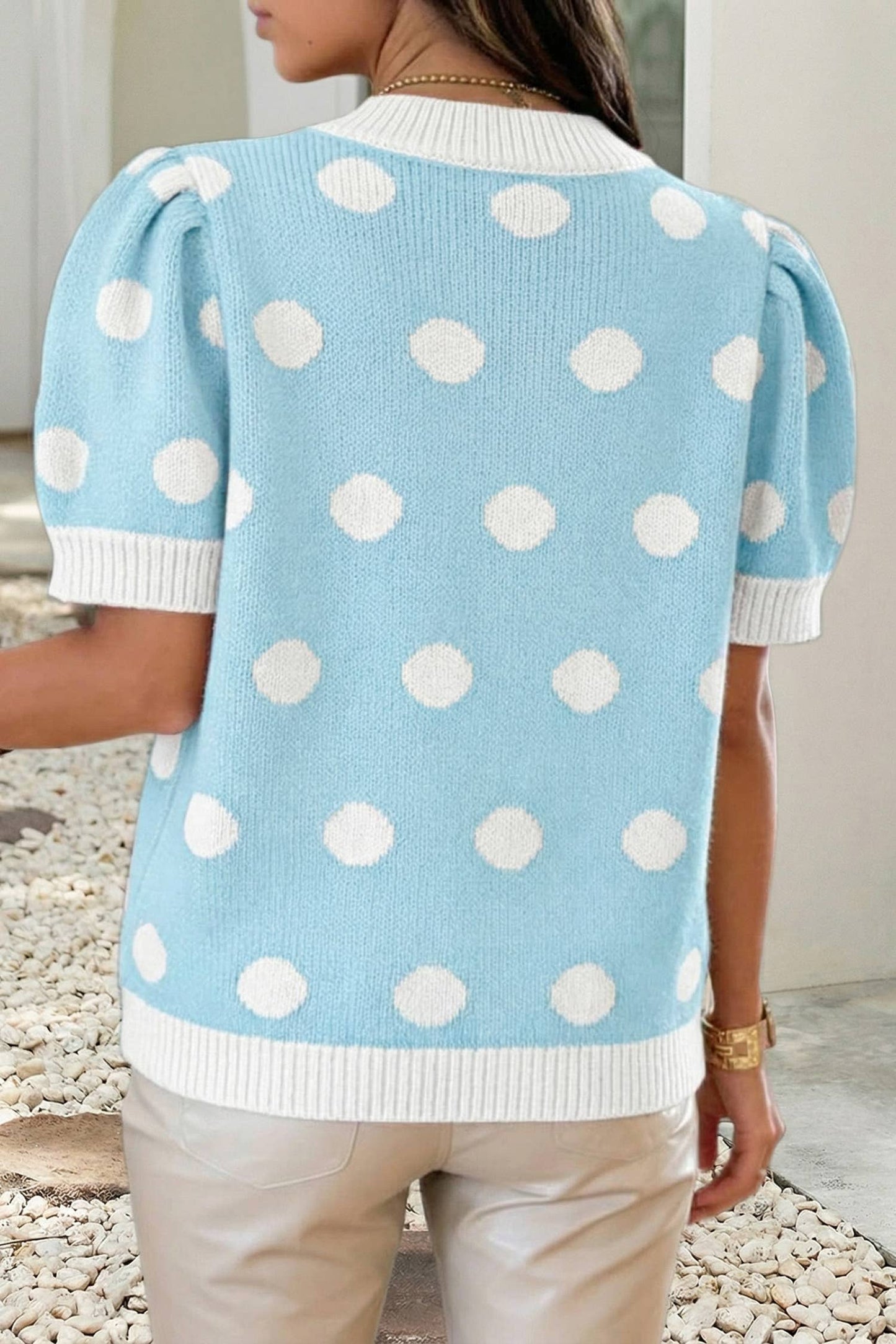 LDC Polka Dot Puff Short Sleeve V Neck Sweater Top: Pink / M