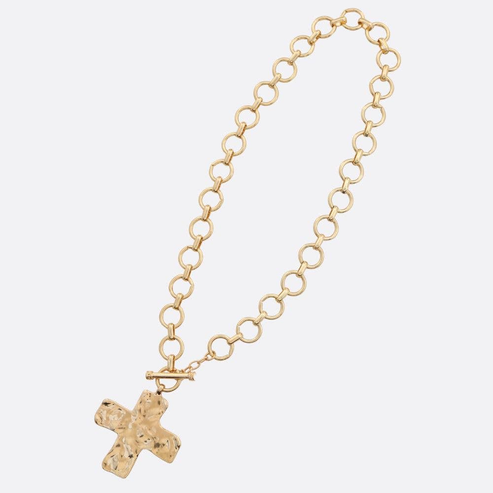 SDJ HAMMERED METAL CROSS PENDANT TOGGLE CLASP NECK, TN 2075: GD