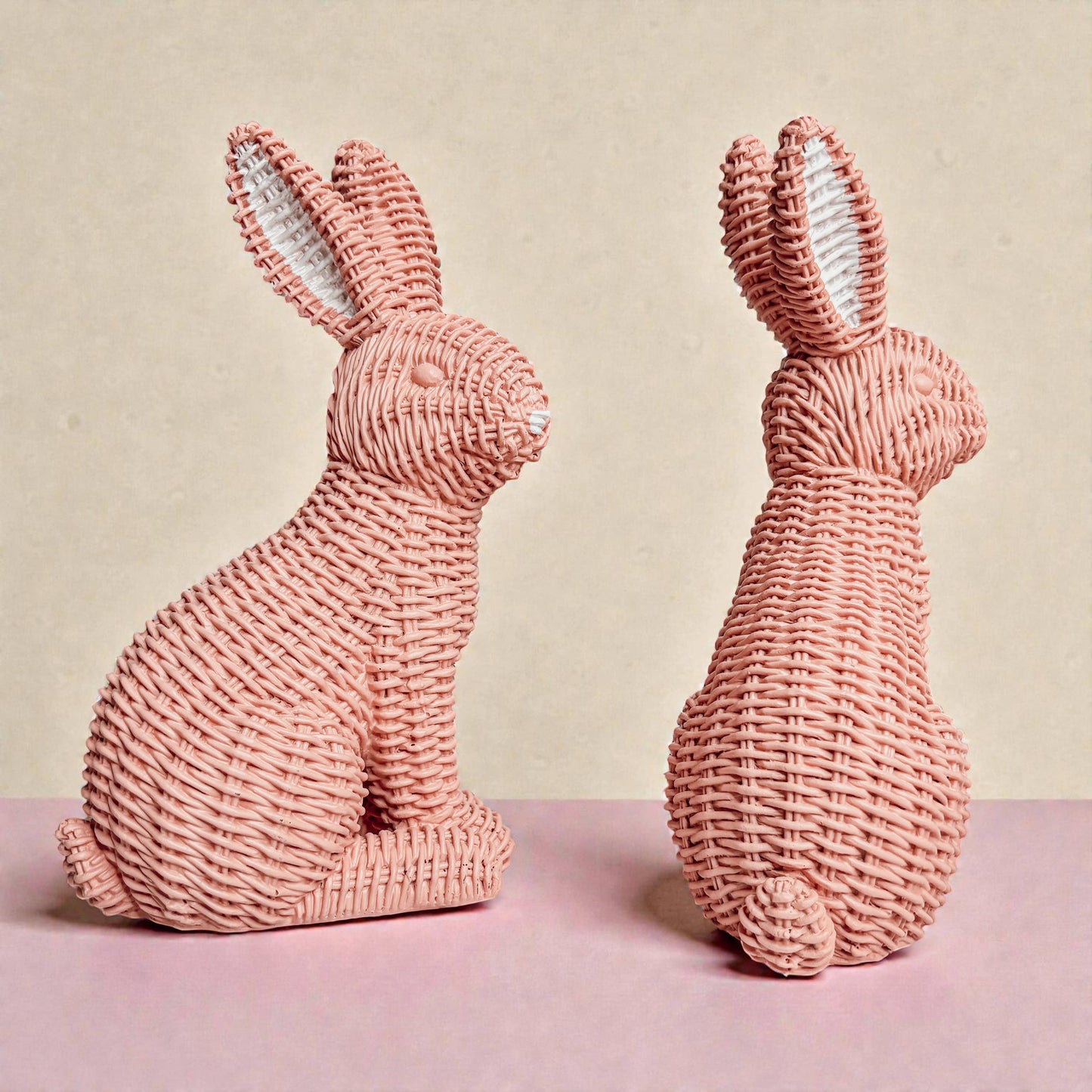 Easter Farmhouse Home Decor, Resin Bunny Figurine Rattan : White