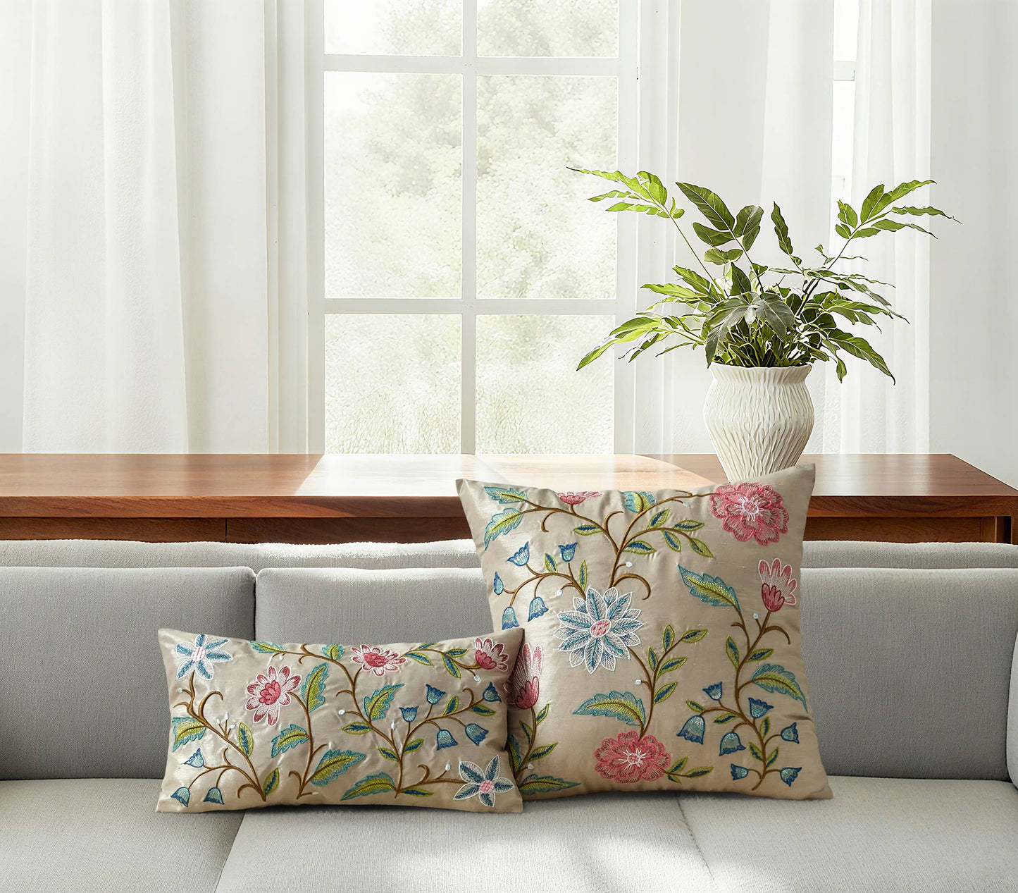 Faux Silk Taupe Embroidered Pillow