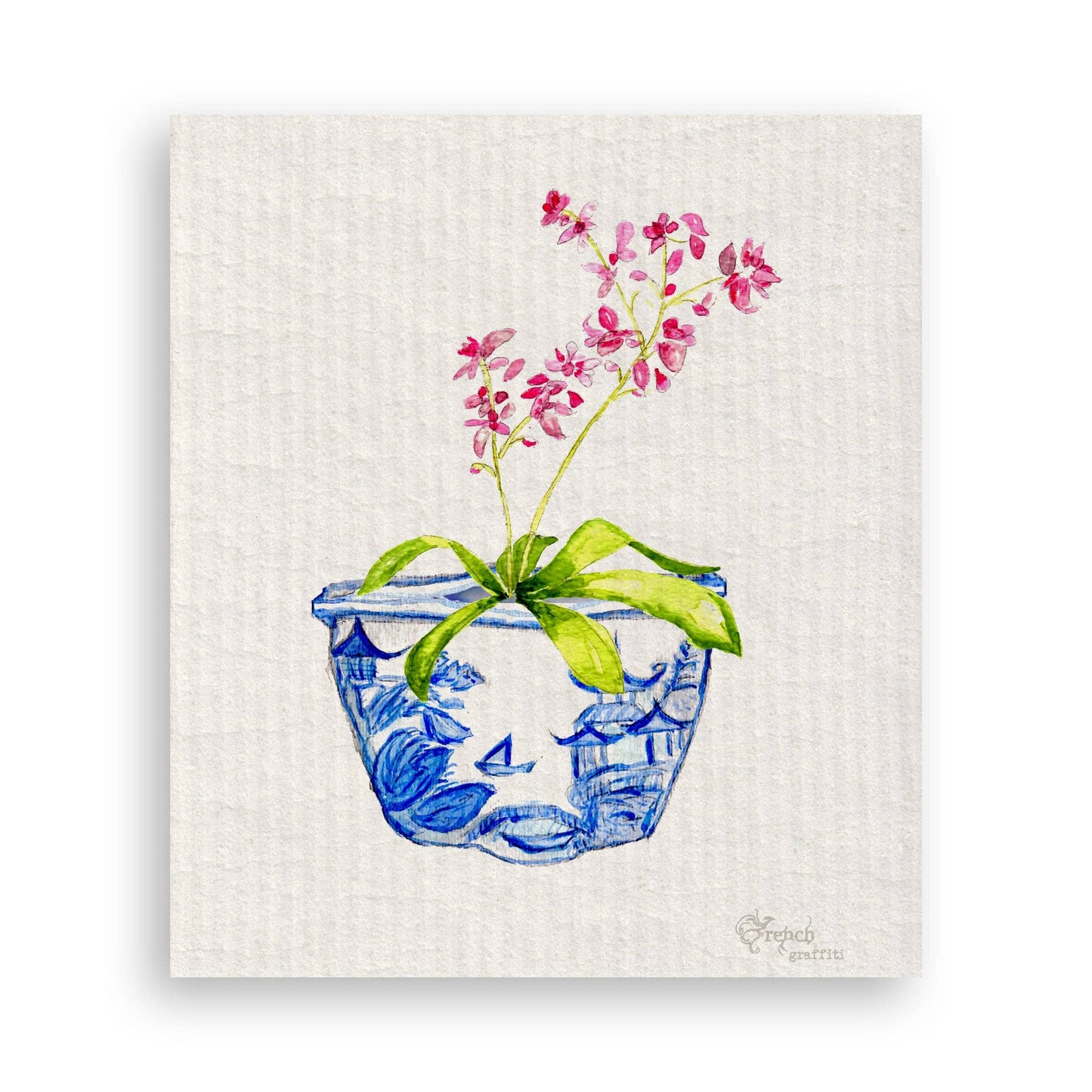 Blue & White Bowl with Pink Orchid: Dishtowel / -