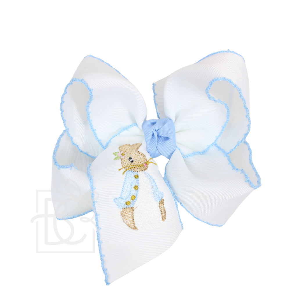 EMBROIDERED EASTER CROCHET EDGE BOWS: White w/ Light Pink Crochet Edge