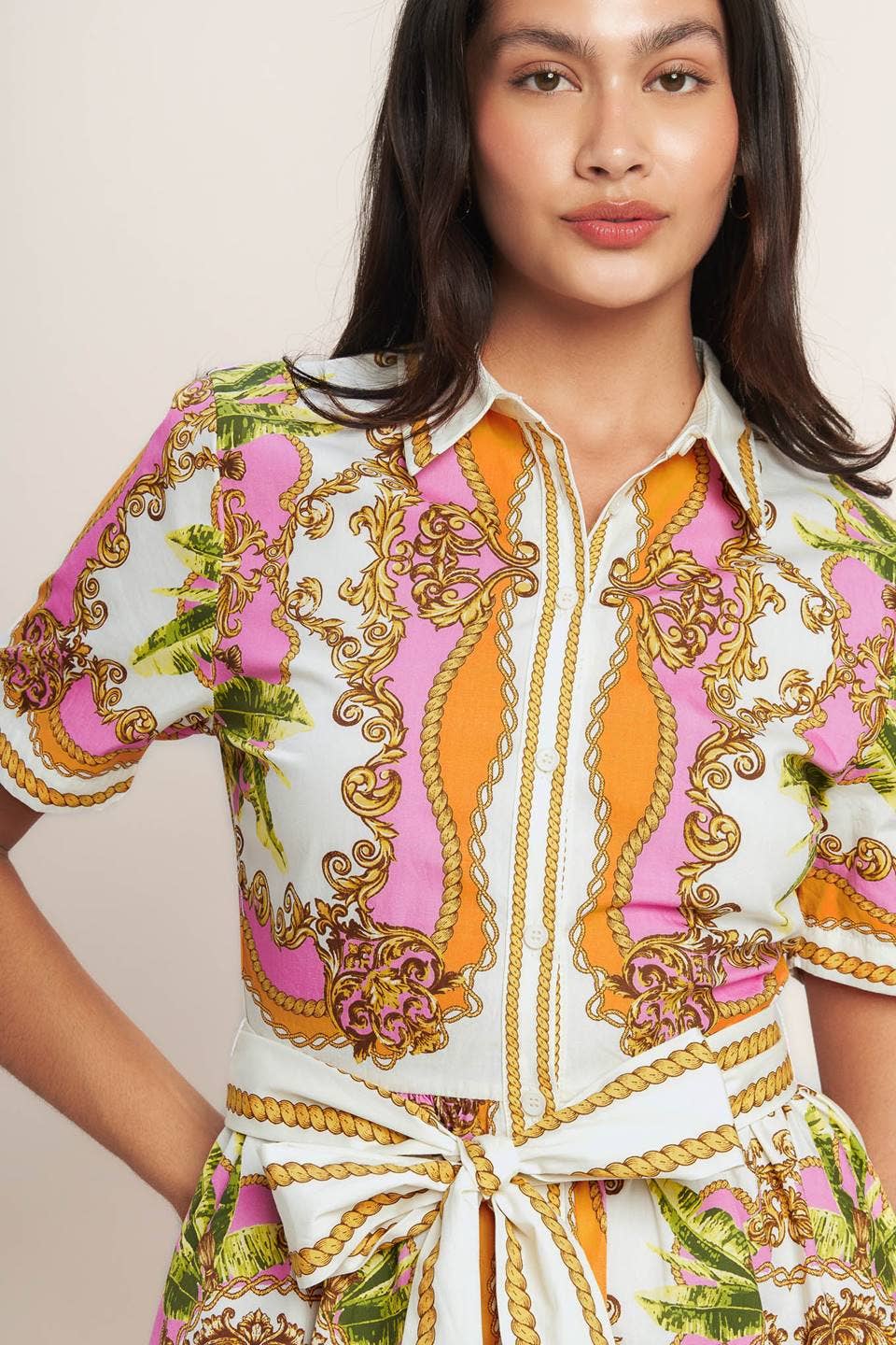 A printed woven mini shirt dress - ID23207: OFF WHITE PINK ORANGE / Contemporary / L