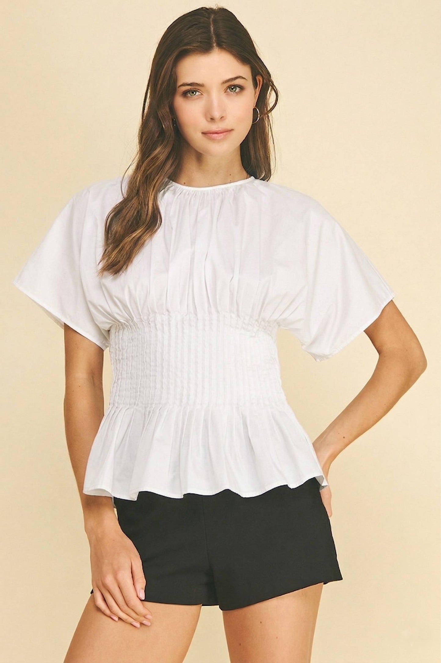 PLEATED WAIST PEPLUM TOP - 7090T: NAVY / M