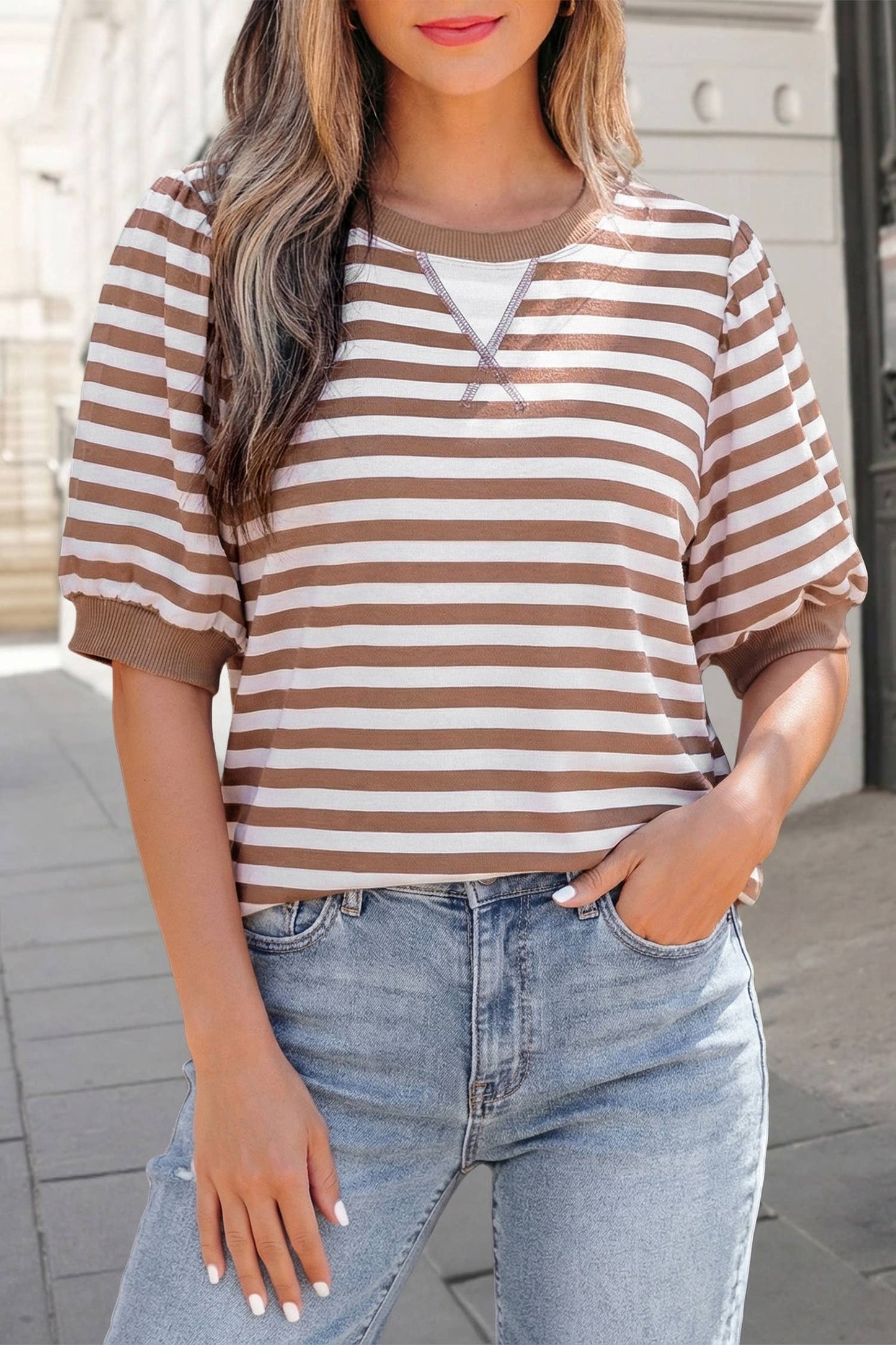 Stripe Short Bubble Sleeve Round Neck Tee | S-XL: Blue / L