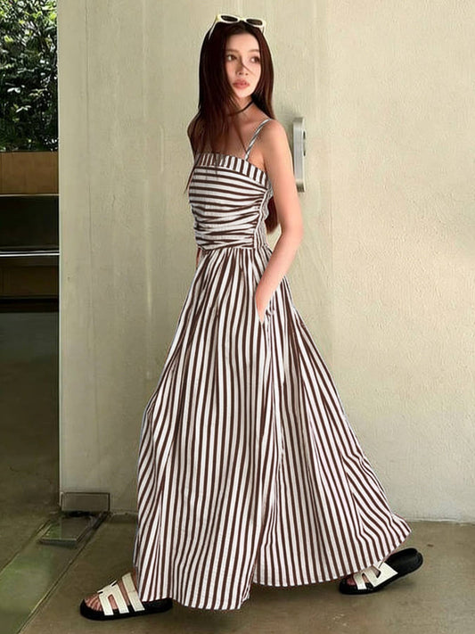 Striped Vacation Maxi Dress with Pockets: Coffee / Missy / S