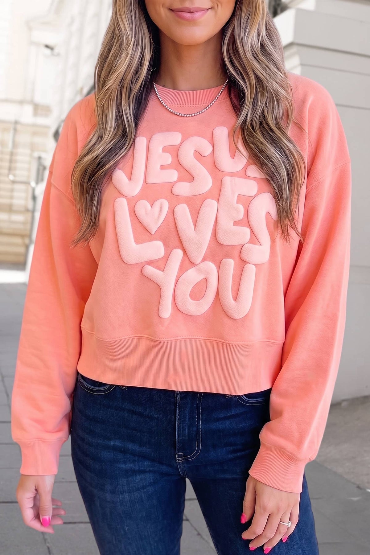 JESUS LOVES YOU Puffy Letter Graphic Sweatshirt | S-XL : Grapefruit Orange / M
