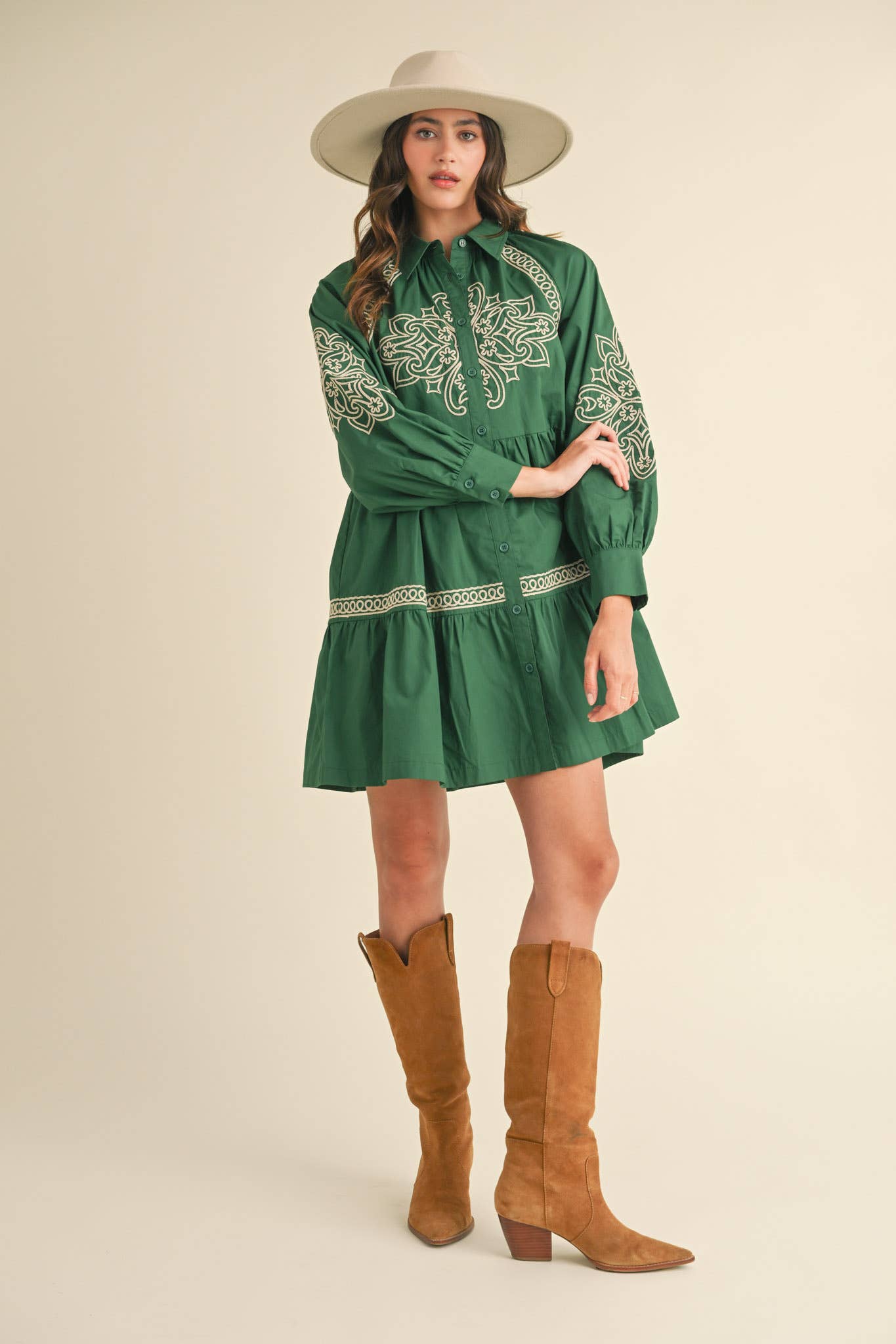 EMBROIDERED BUTTON DOWN MINI DRESS MDR3513: Hunter Green / M