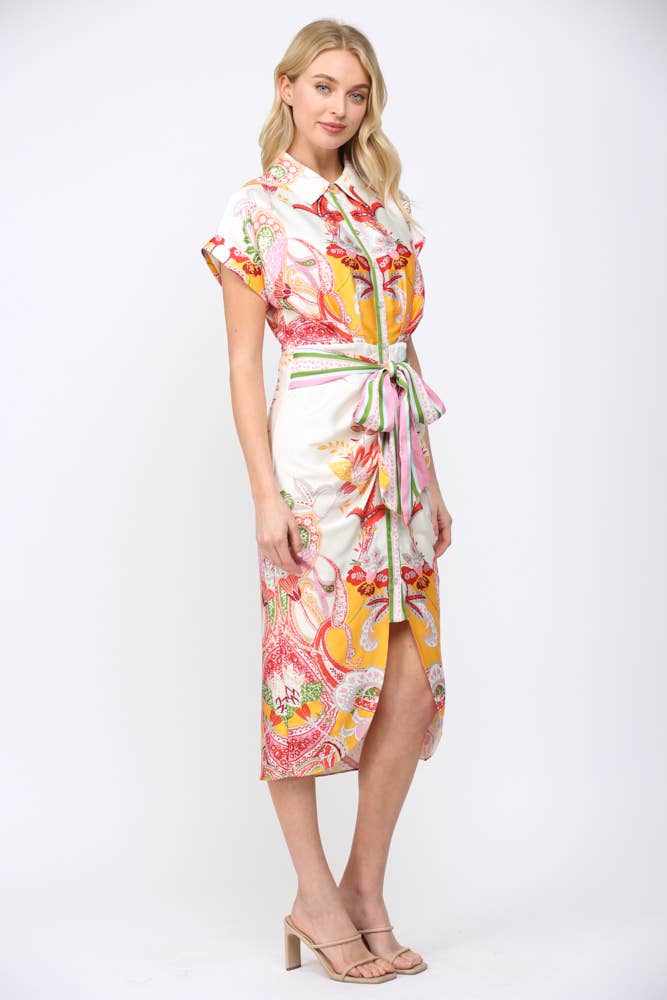 BOTANIC SCARF PRINT SELF TIE WAIST BUTTON DOWN DRESS FD34137: CREAM MULTI / L