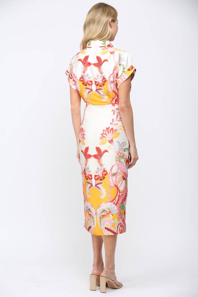 BOTANIC SCARF PRINT SELF TIE WAIST BUTTON DOWN DRESS FD34137: CREAM MULTI / L
