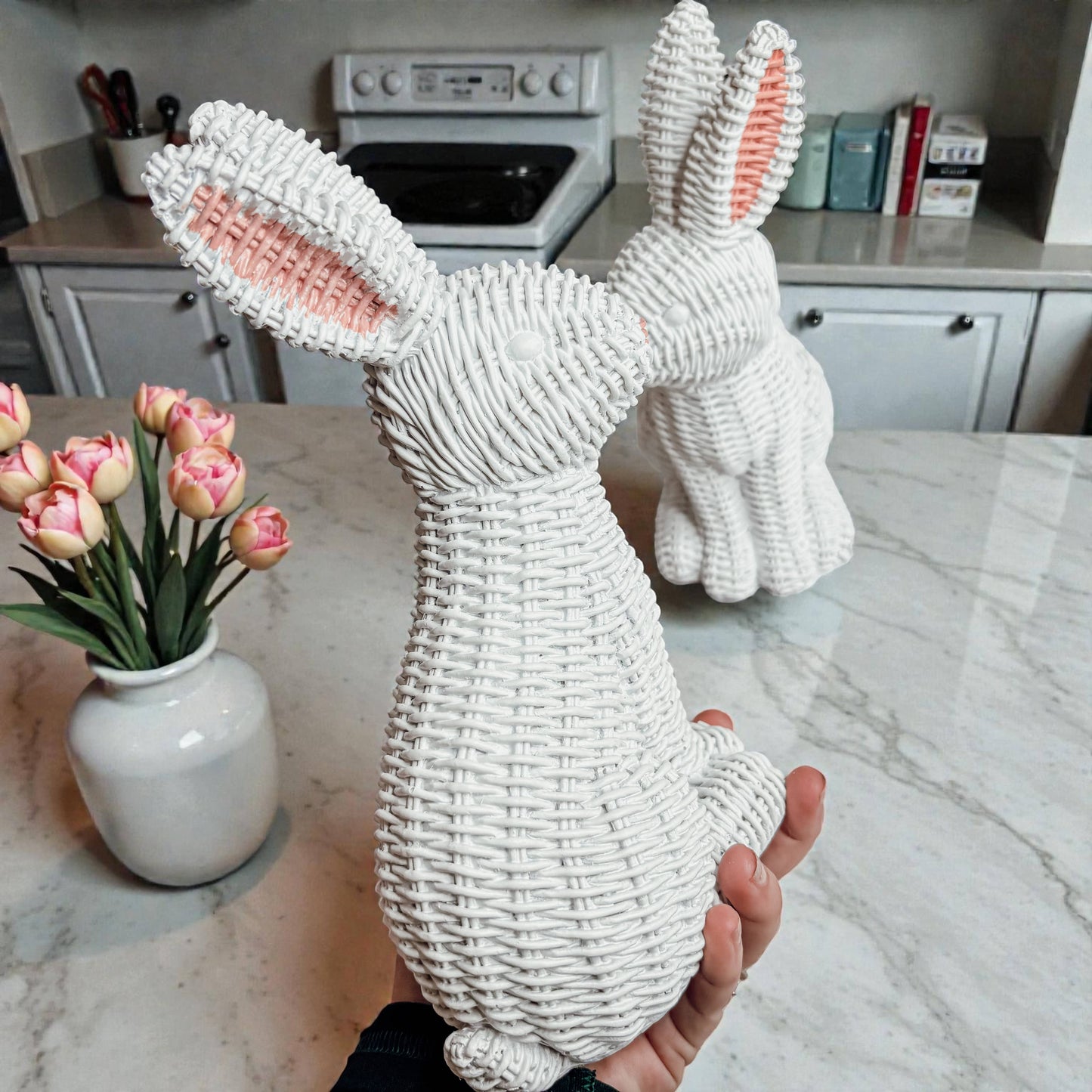 Easter Farmhouse Home Decor, Resin Bunny Figurine Rattan : White