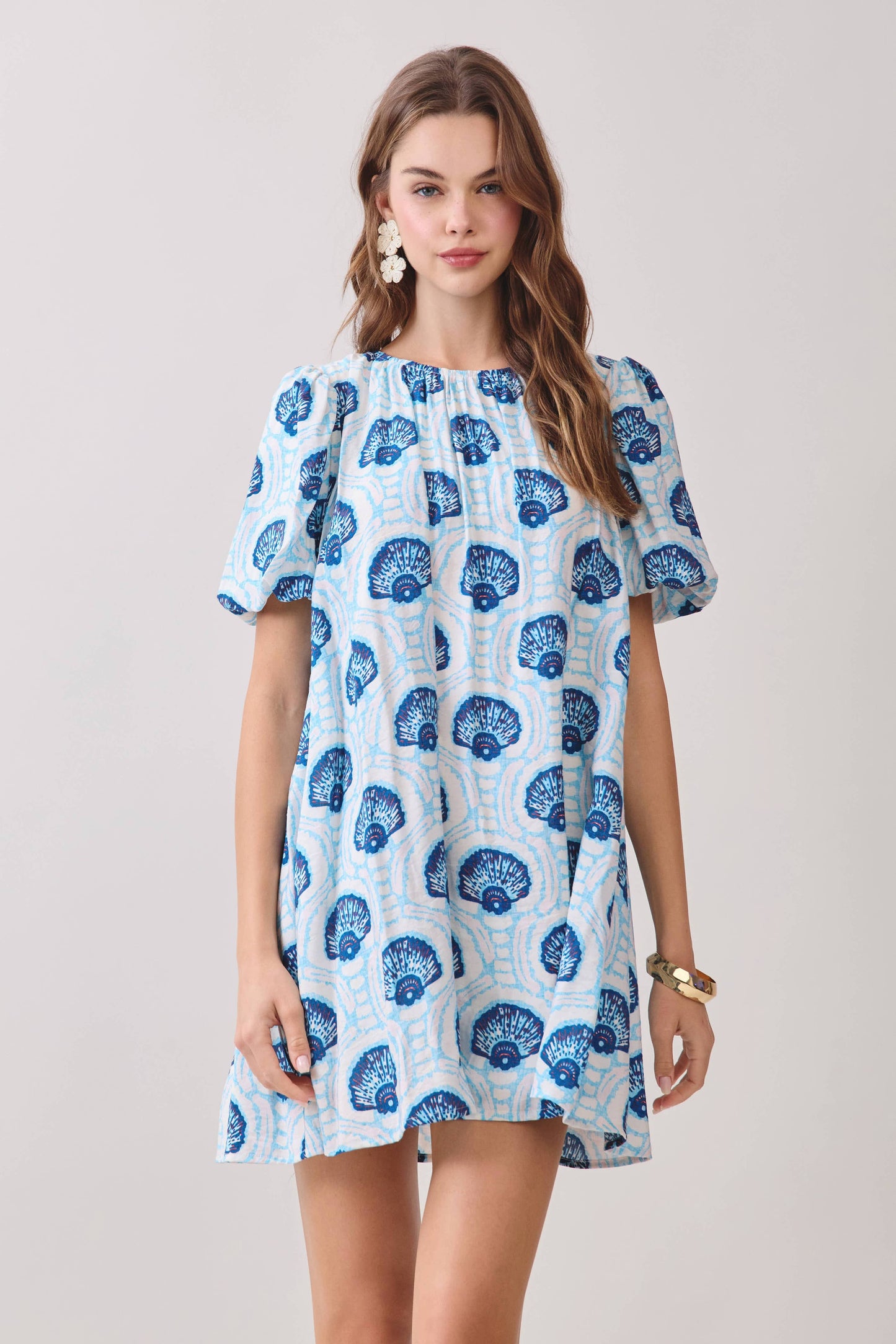 CD06808-Printed Relaxed Flowy Fit Puff Sleeves Dress: Blue / L