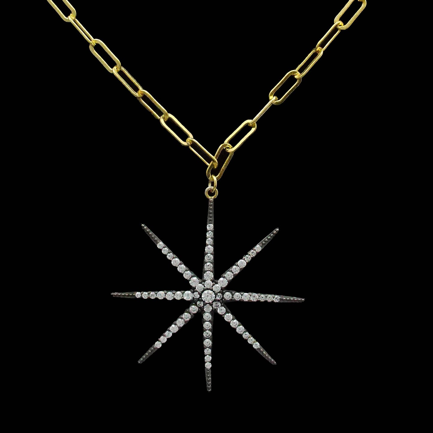 Black pave starburst necklace with paperclip chain: Gold