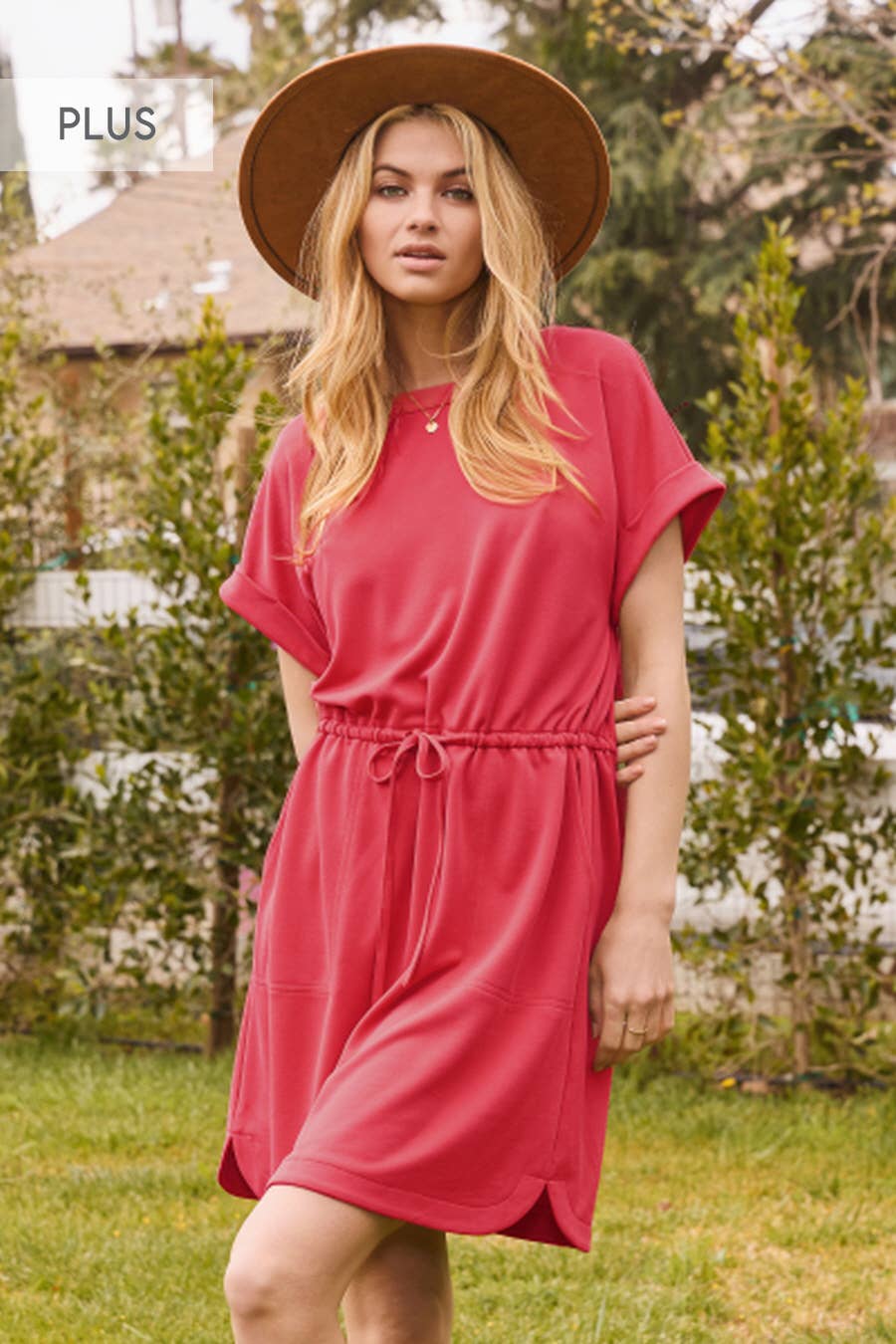 Plus Modal Like Pique Knit Jersey Mini Dress: Red / 3XL