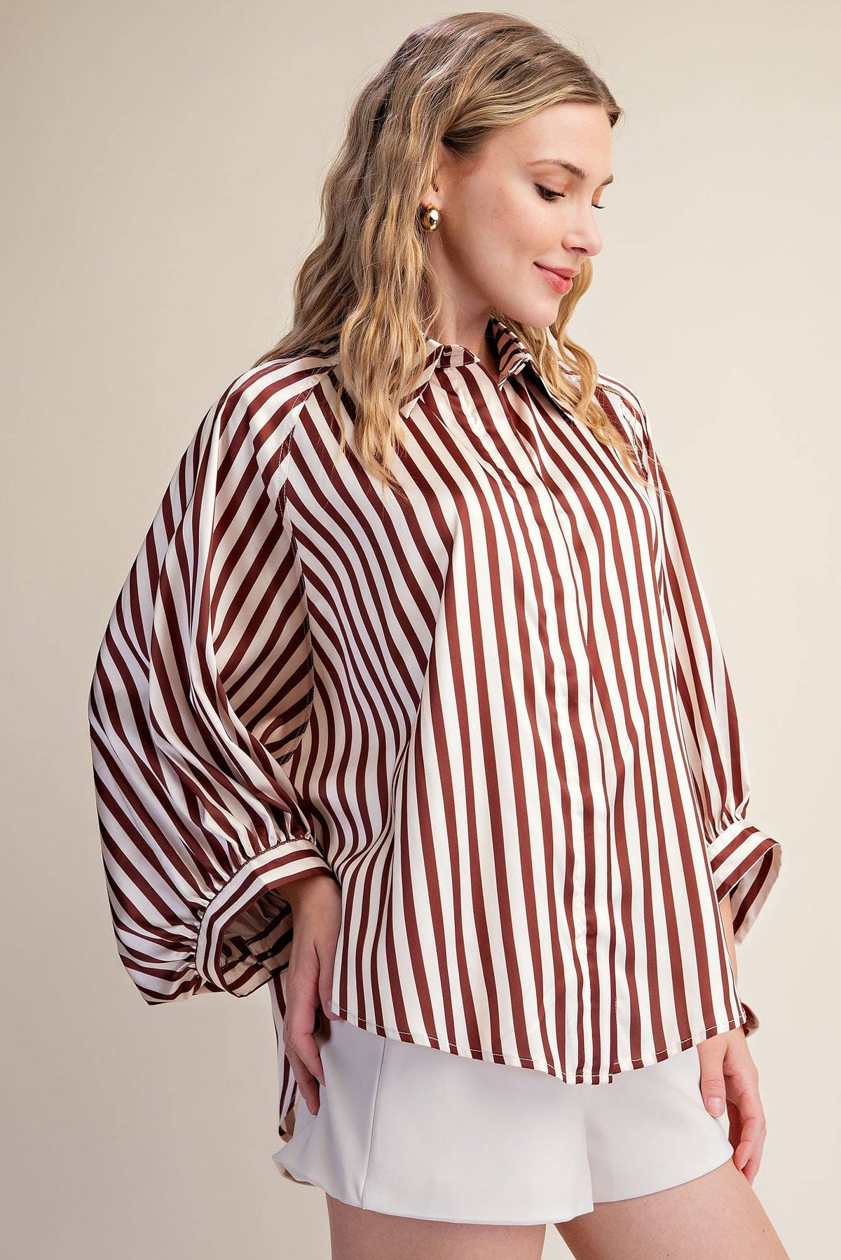 Stripe Wide Puff Sleeve Buttondown Shirt: Olive / L