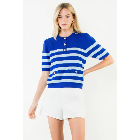 Short Sleeve Striped Knit Top: BLUE / XS-S-M-L(1-2-2-1)